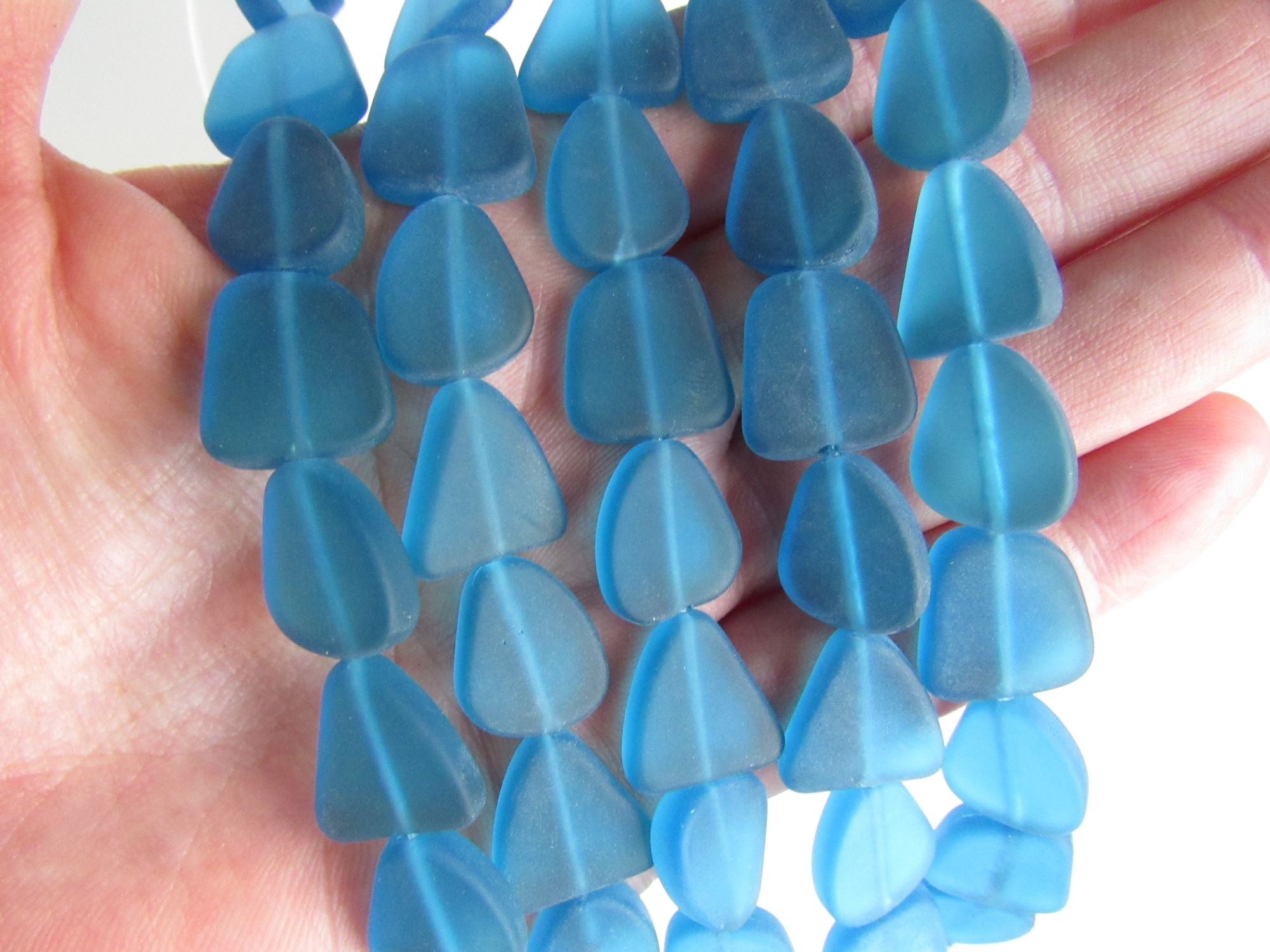 Cultured Sea Glass Beads - 15mm Teal Marine Blue Flat Frosted