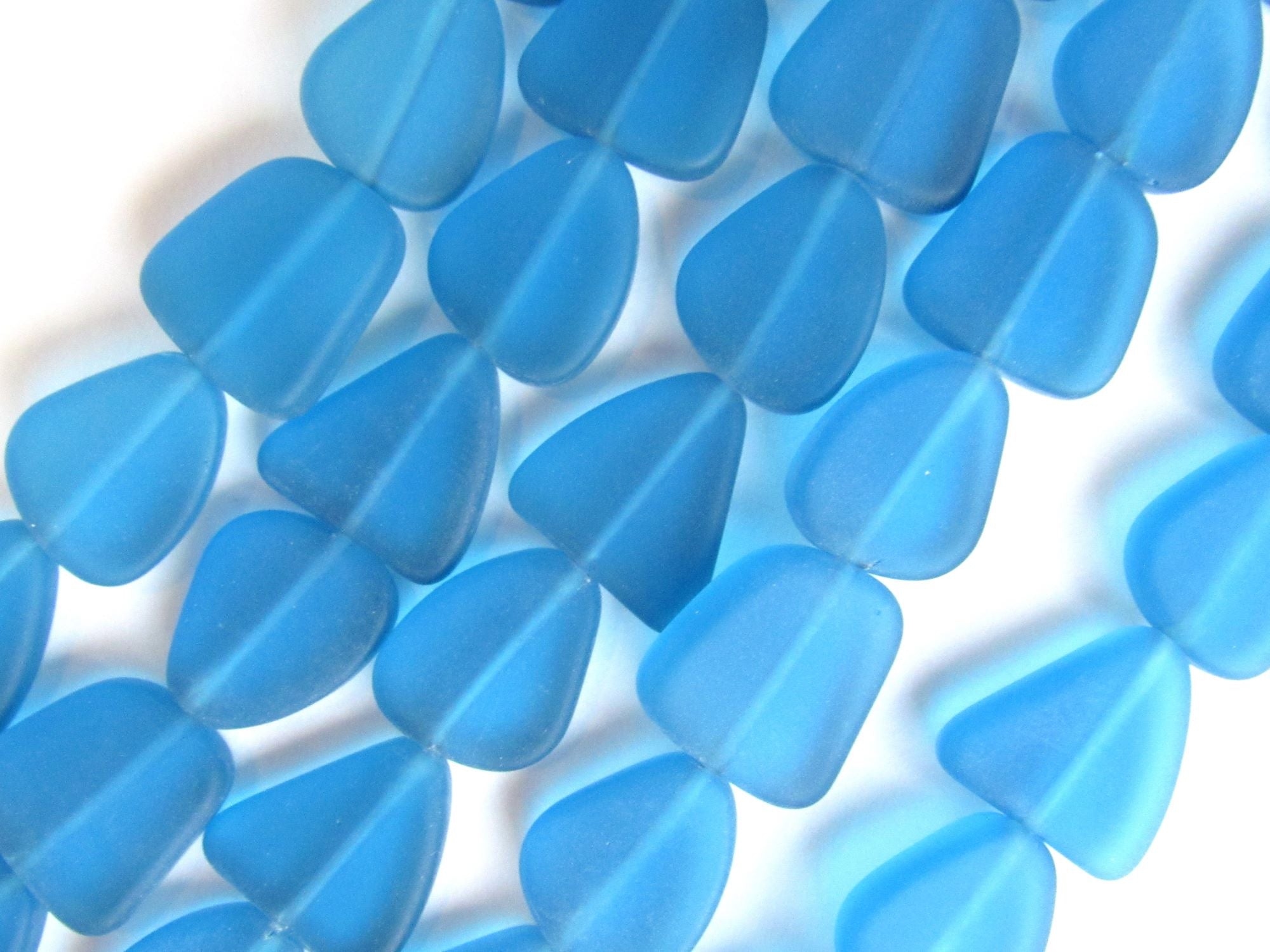Cultured Sea Glass Beads - 15mm Teal Marine Blue Flat Frosted