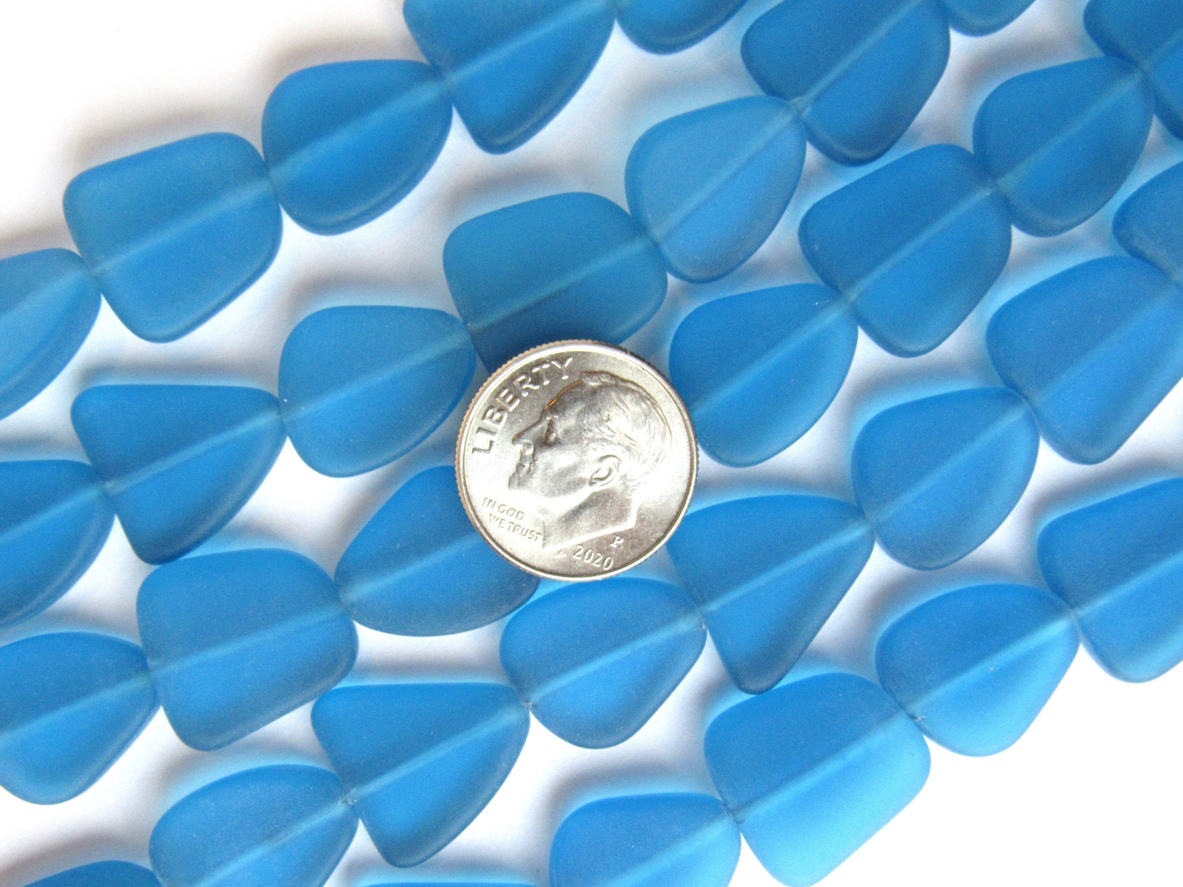 Cultured Sea Glass Beads - 15mm Teal Marine Blue Flat Frosted