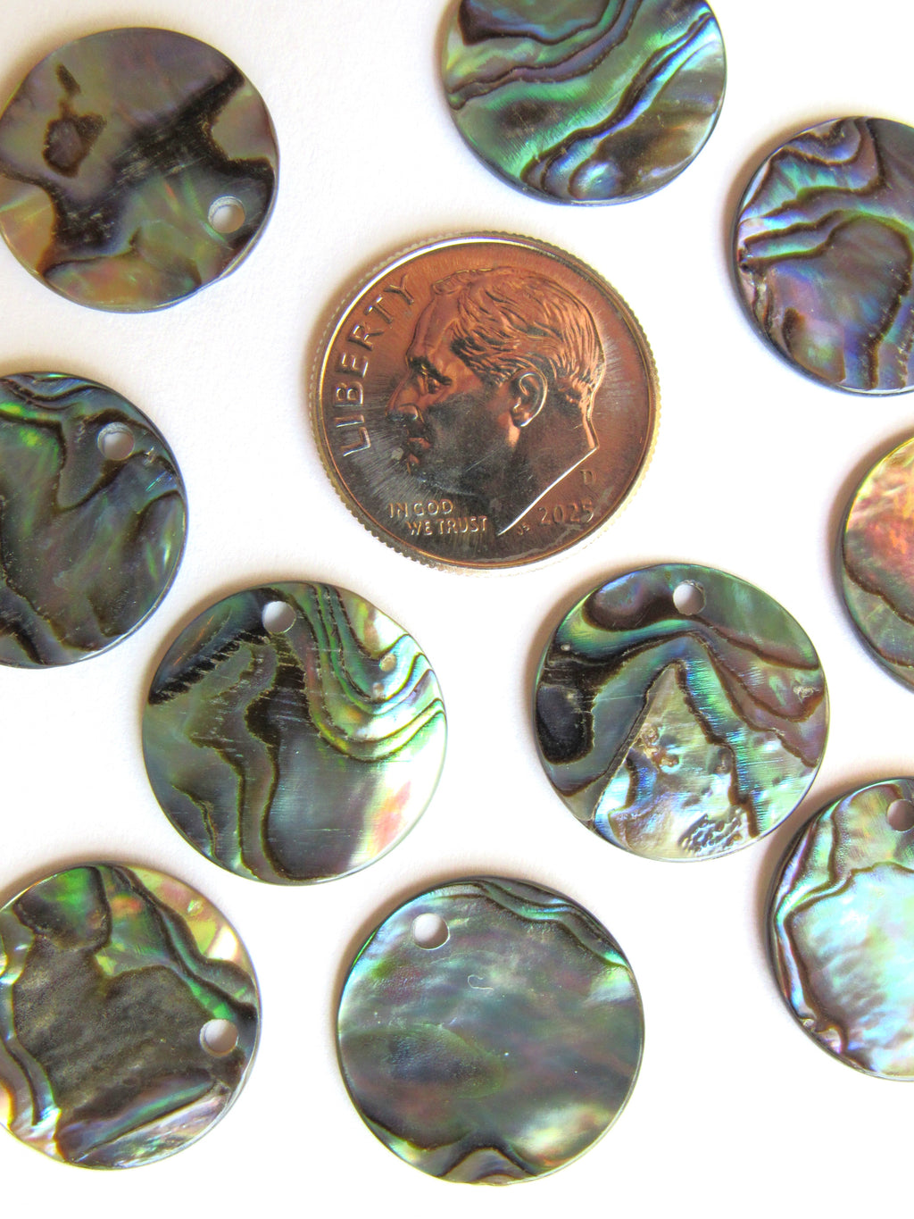 Natural Abalone Round Pendants - 15mm Flat - Top Drilled - 1.2mm Hole - Shell Findings
