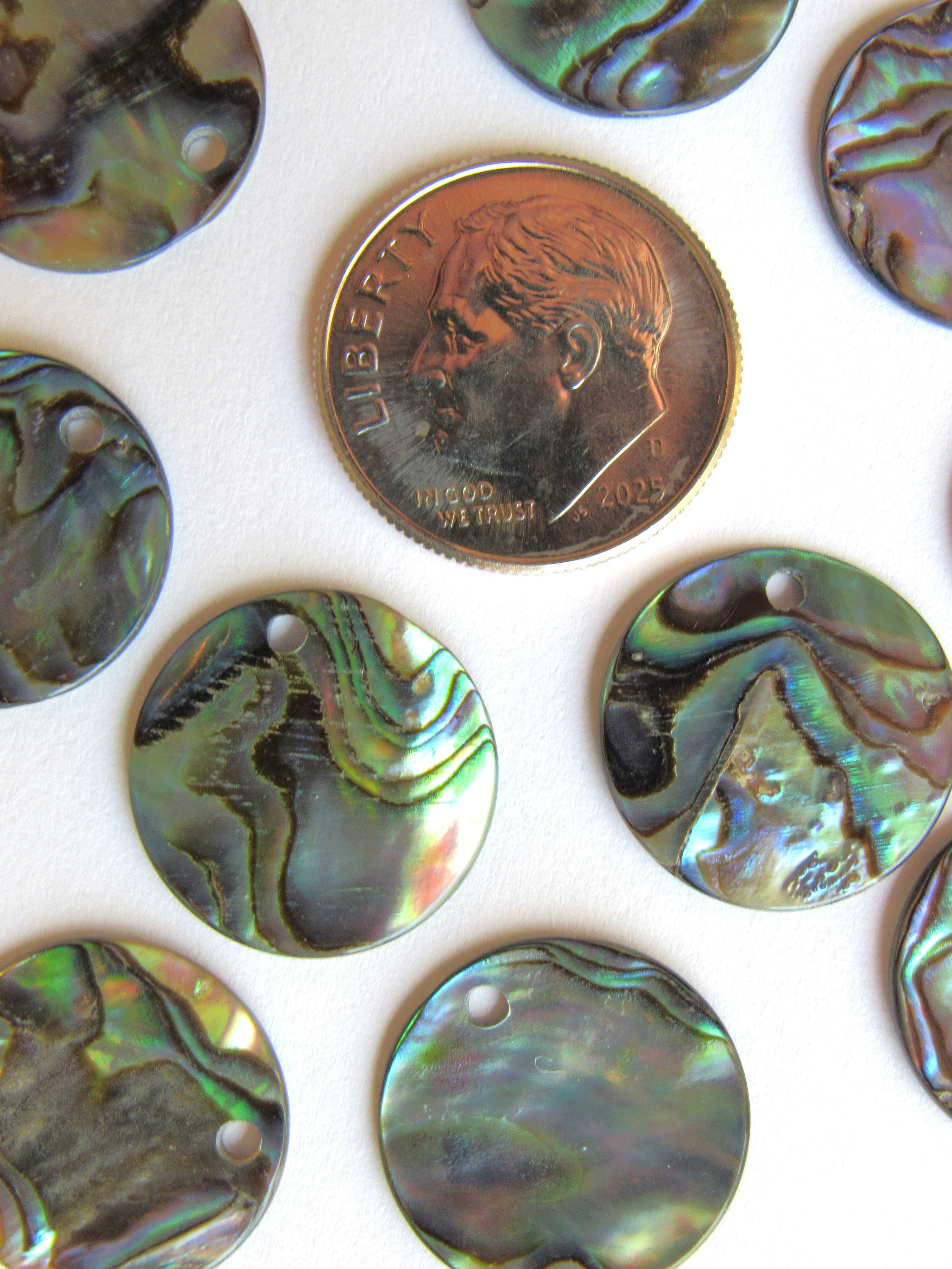 Natural Abalone Round Pendants - 15mm Flat - Top Drilled - 1.2mm Hole - Shell Findings
