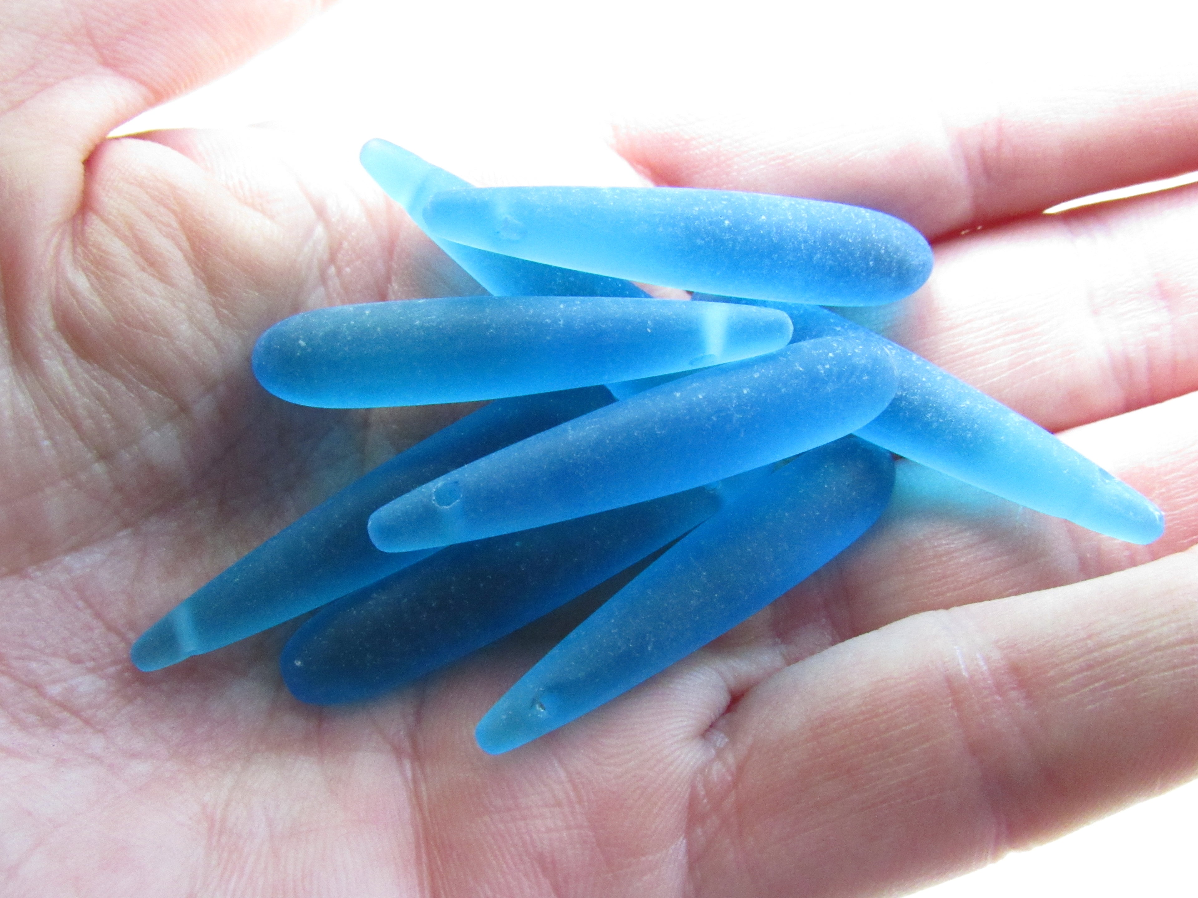Cultured Sea Glass PENDANTS 37x8mm teardrop Pacific AQUA BLUE color top drilled rounded jewelry bead supply