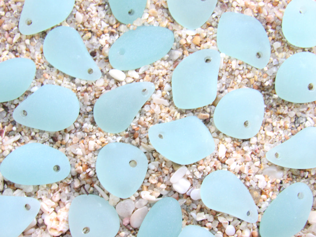 Cultured Sea Glass Pebble Pendants - 13-15mm - Opaque Frosted  - Pale Seafoam - Top Drilled - 1mm Hole