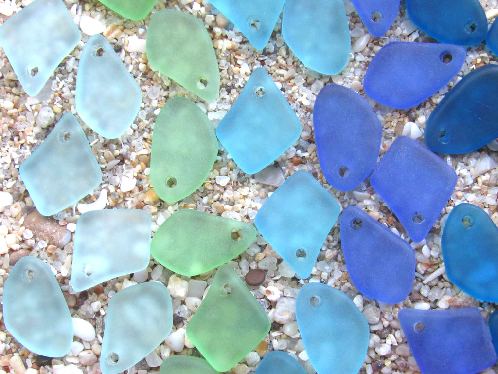 15mm Flat Frosted Cultured Sea Glass Pendants - Light Blue Green - Small top drilled beads - Jewelry Making (Copy)