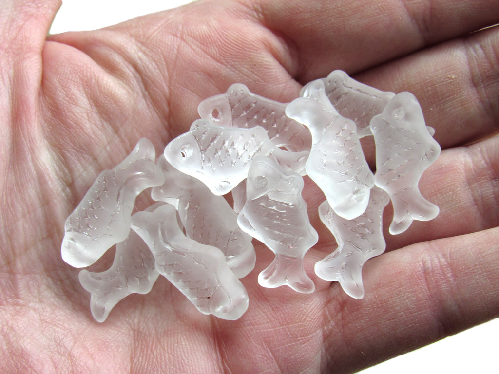 Cultured Sea Glass Fish Pendants 24x12mm | Clear Frosted Top Drilled