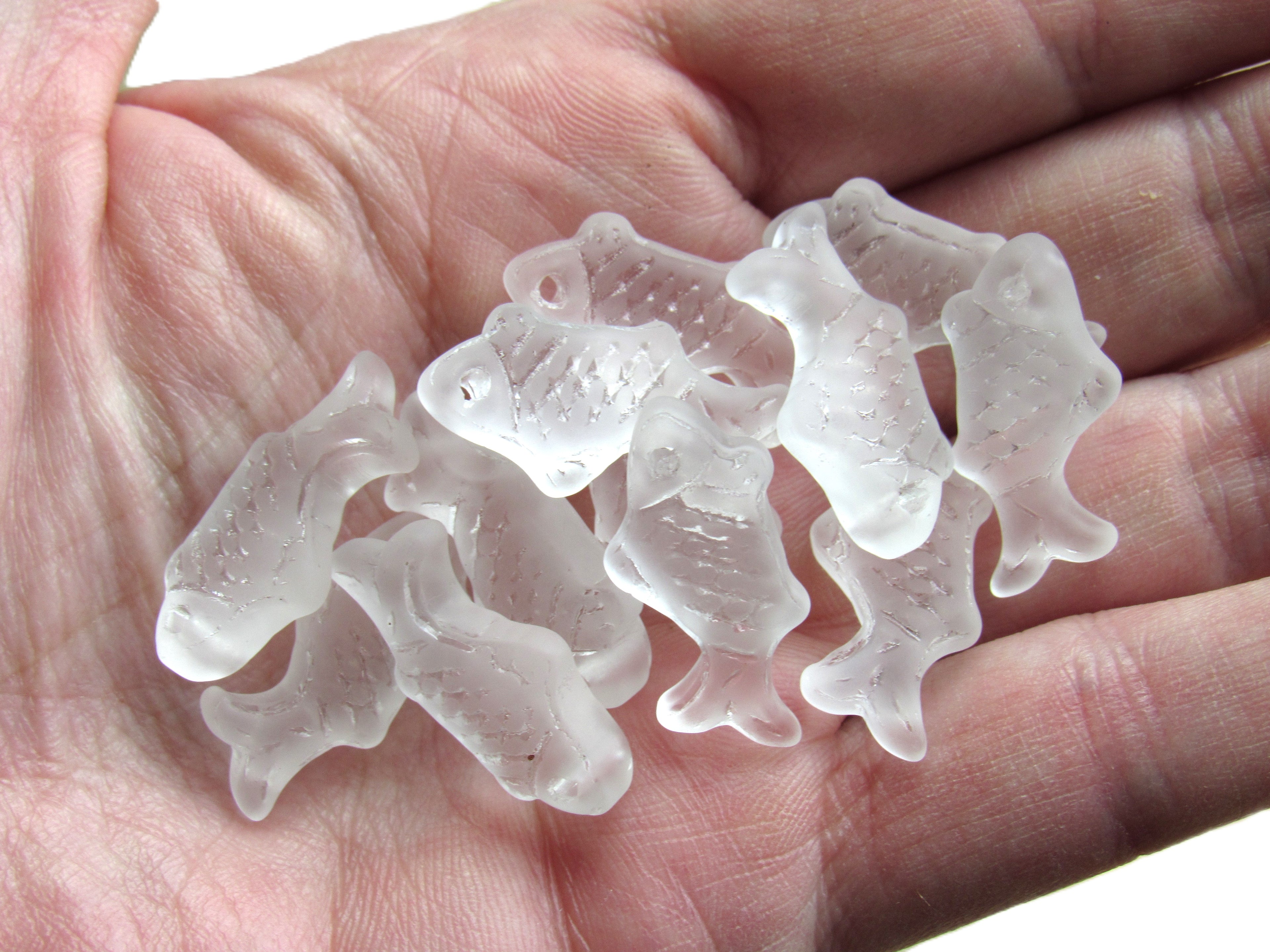 Cultured Sea Glass Fish Pendants 24x12mm | Clear Frosted Top Drilled
