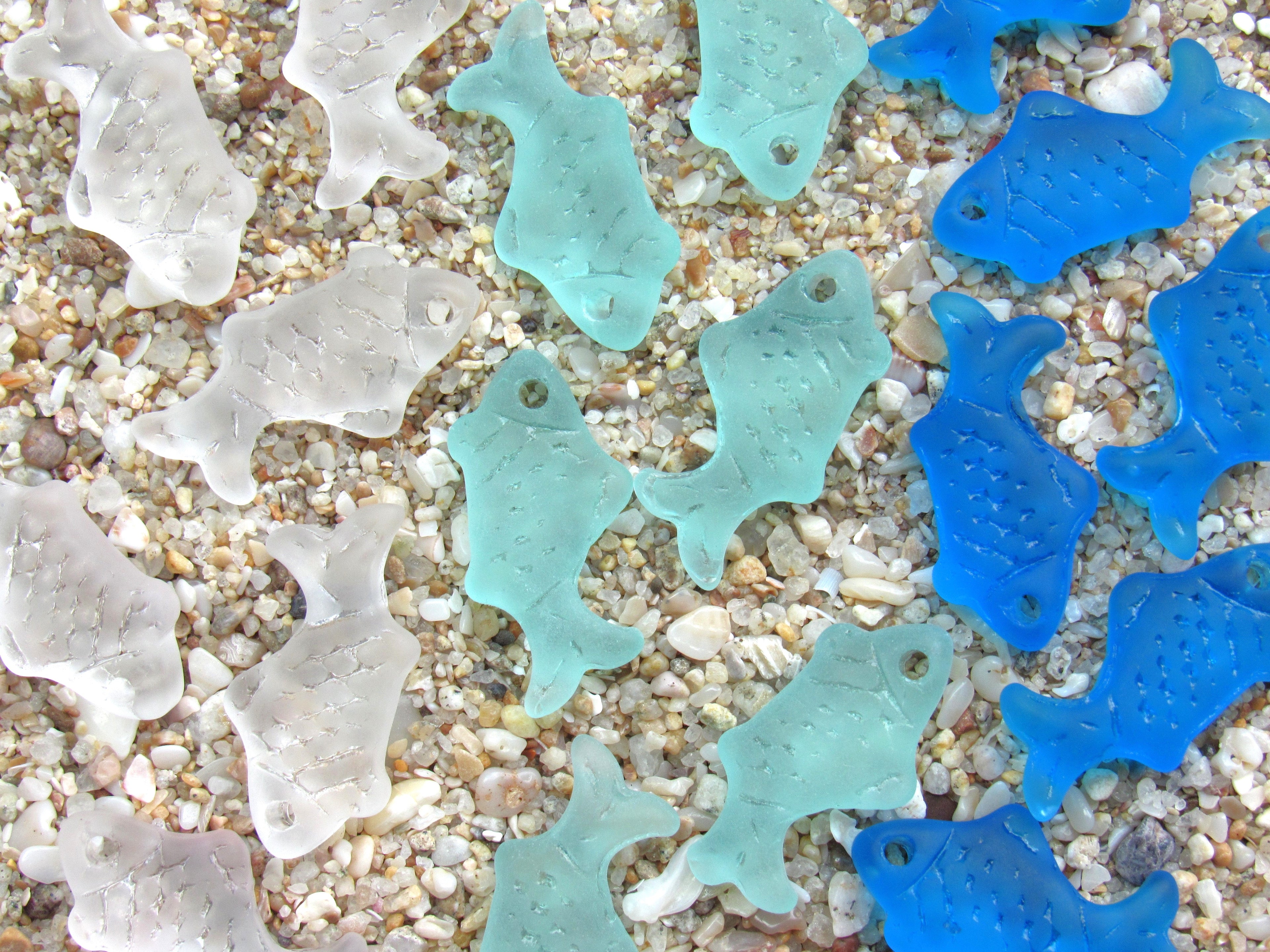 Cultured Sea Glass Fish Pendants - 24x12mm - Clear Seafoam Aqua Blue - Frosted Matte Top Drilled