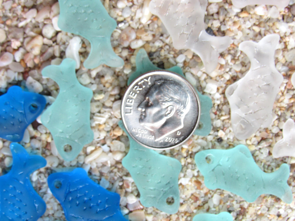 Cultured Sea Glass Fish Pendants - 24x12mm - Clear Seafoam Aqua Blue - Frosted Matte Top Drilled