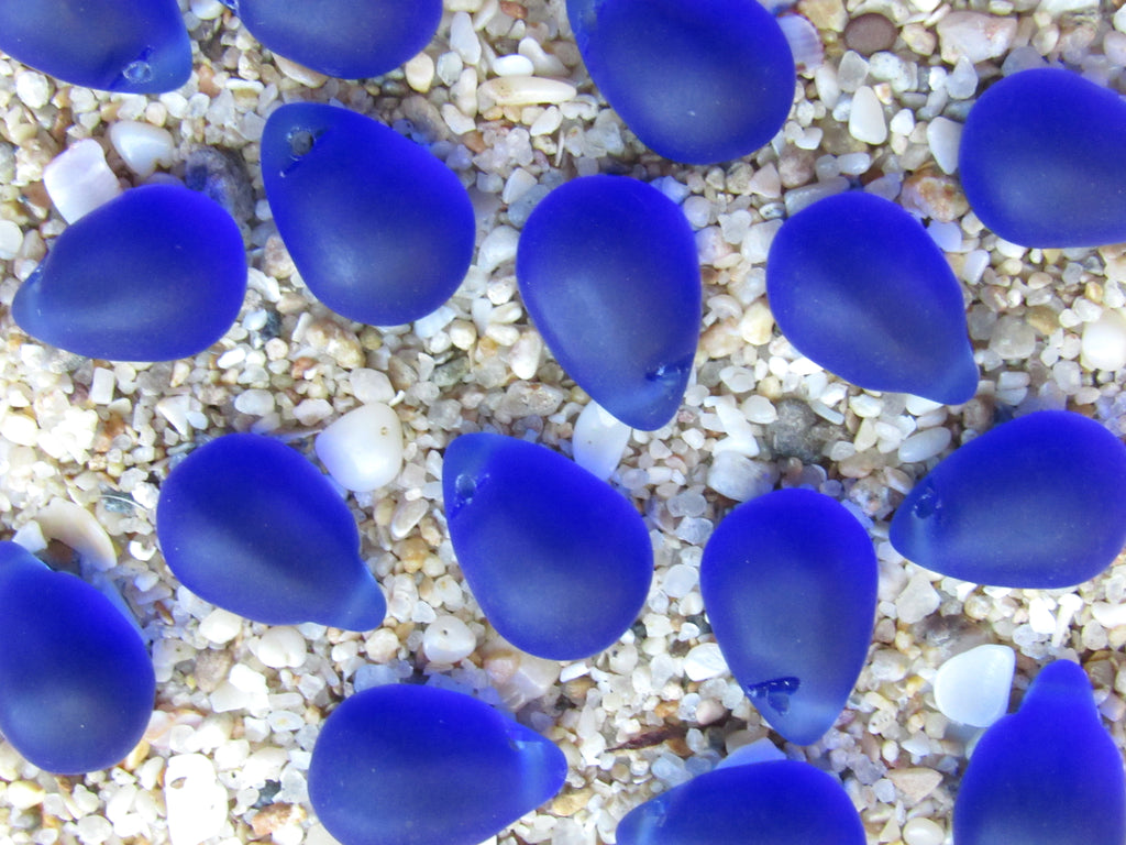 Royal Dark Blue Cultured Sea Glass Teardrop Pendants — Frosted, 14x10mm, Tip-Drilled