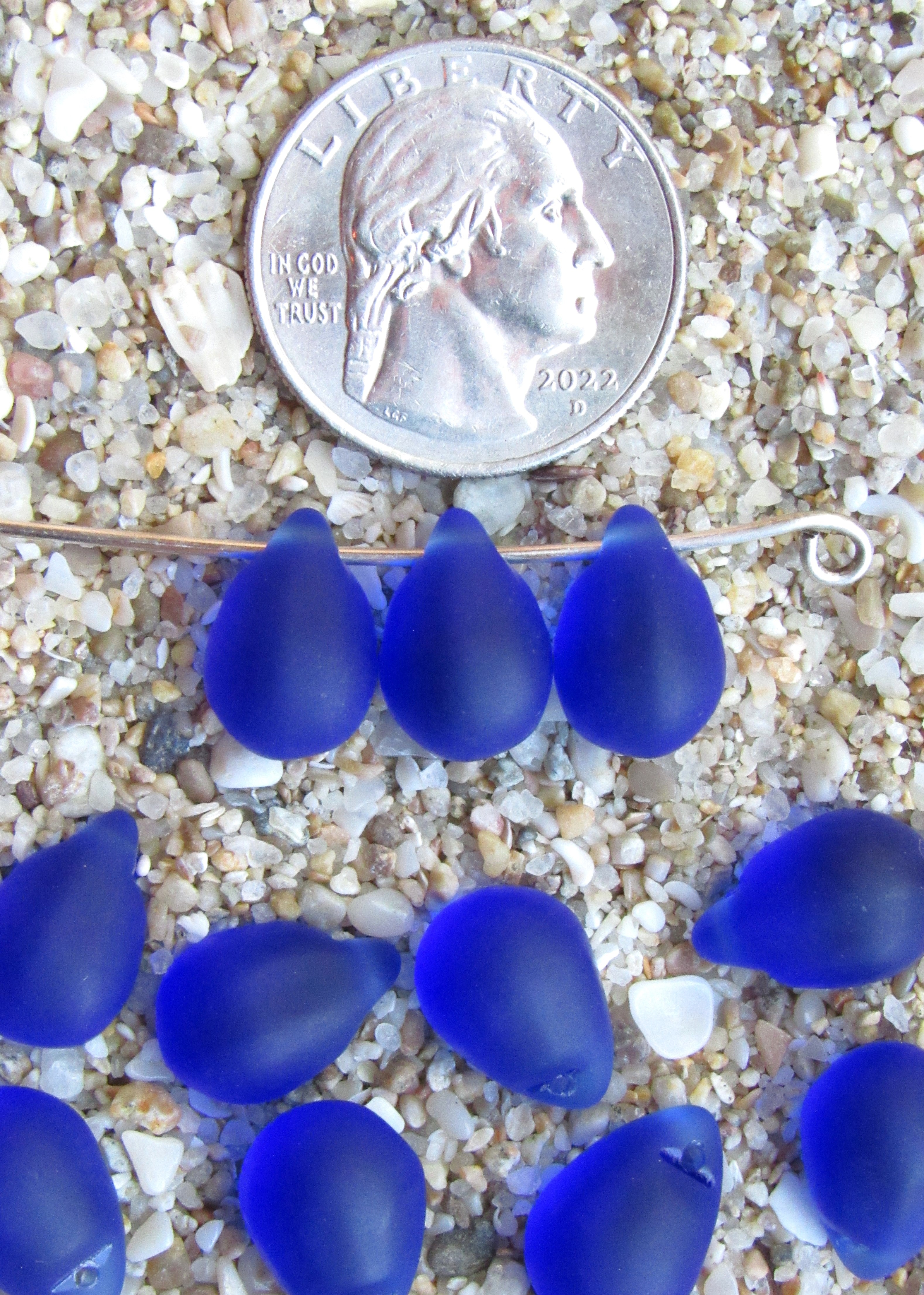 Royal Dark Blue Cultured Sea Glass Teardrop Pendants — Frosted, 14x10mm, Tip-Drilled