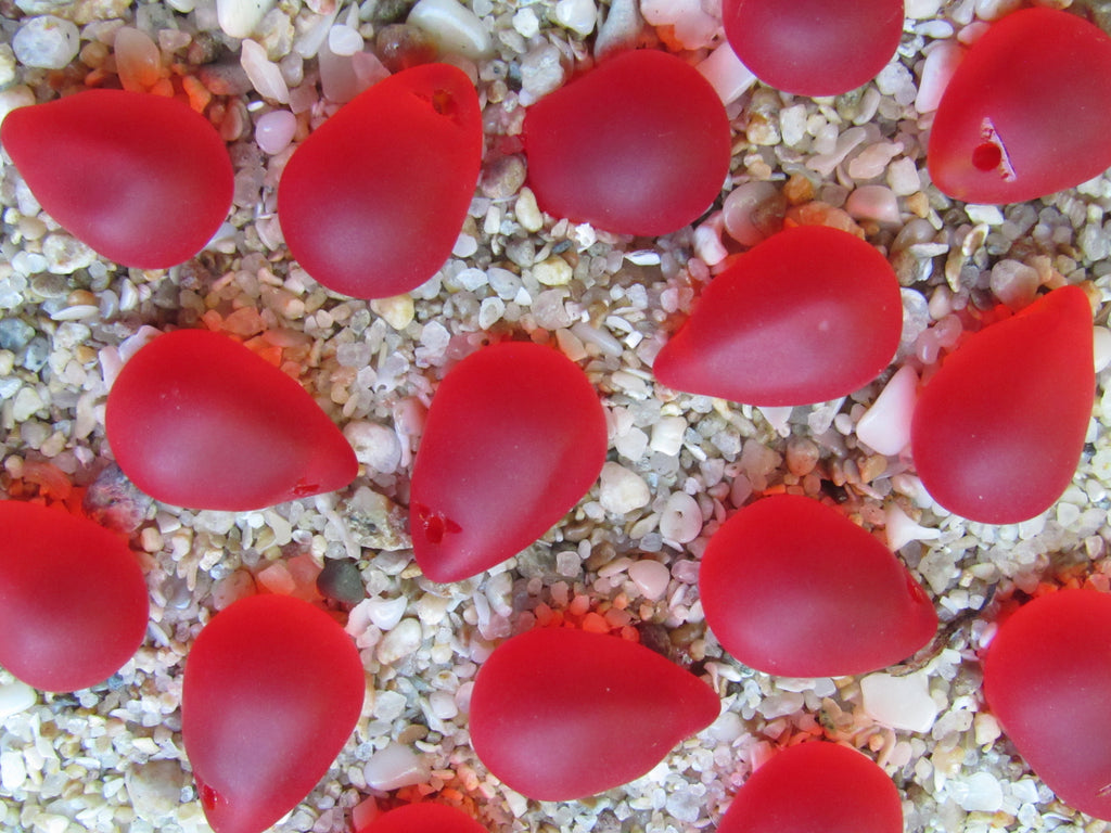 Cherry RED Cultured Sea Glass Teardrop Pendants — Frosted, 14x10mm, Tip-Drilled