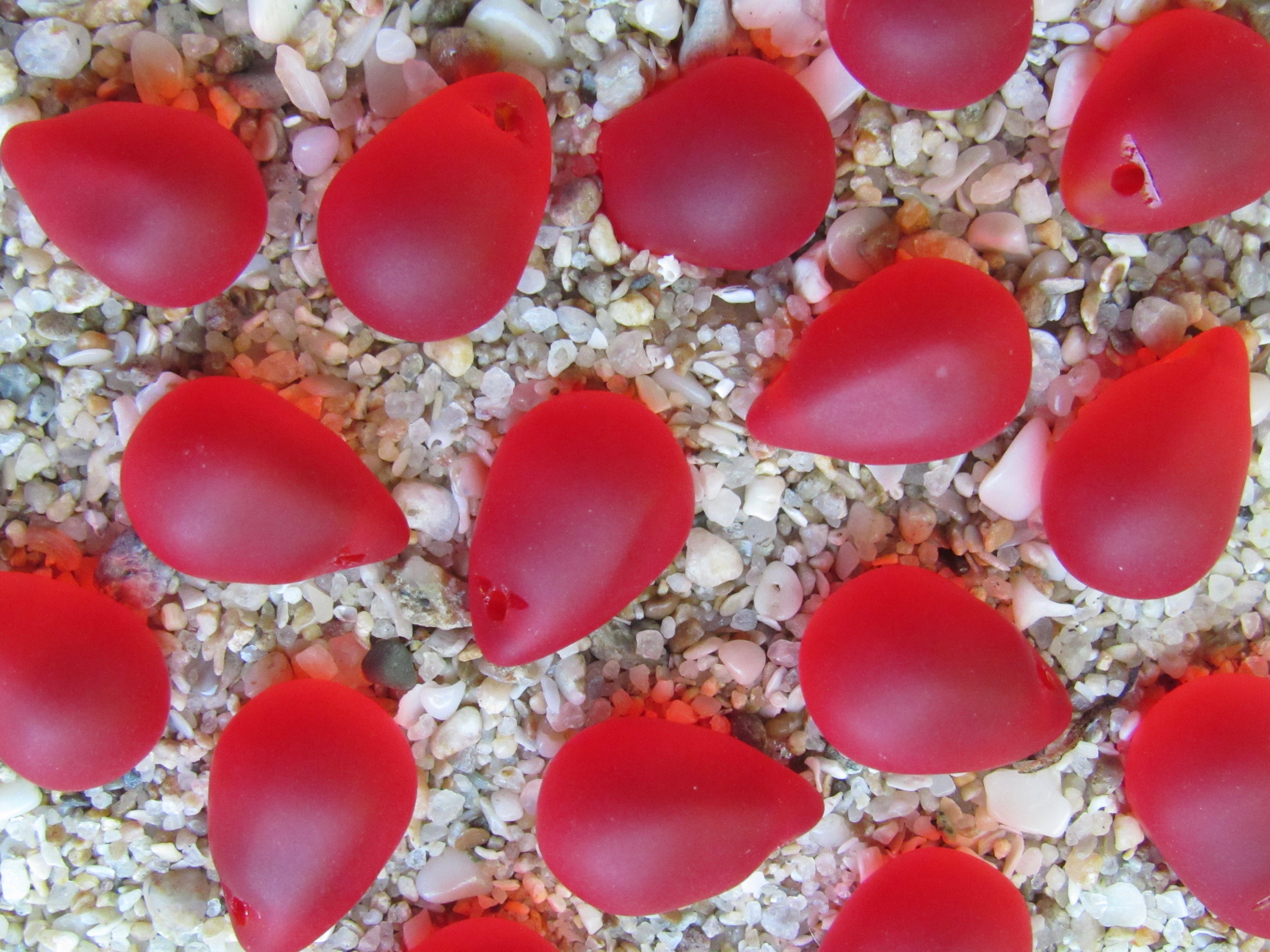 Cherry RED Cultured Sea Glass Teardrop Pendants — Frosted, 14x10mm, Tip-Drilled