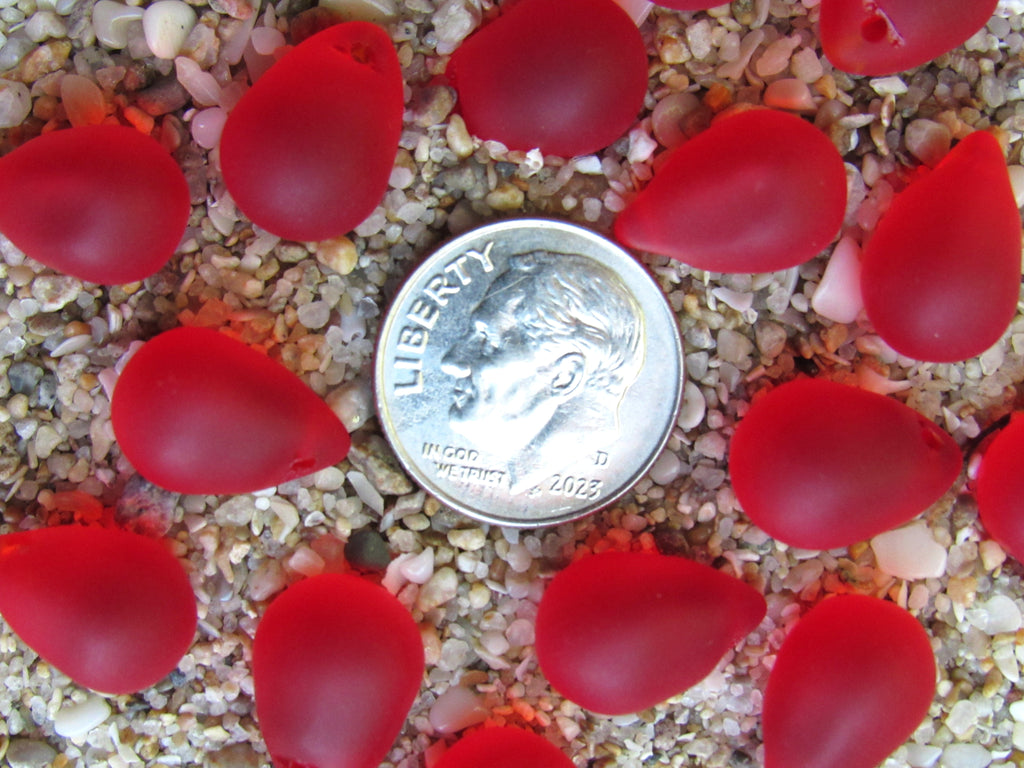 Cherry RED Cultured Sea Glass Teardrop Pendants — Frosted, 14x10mm, Tip-Drilled