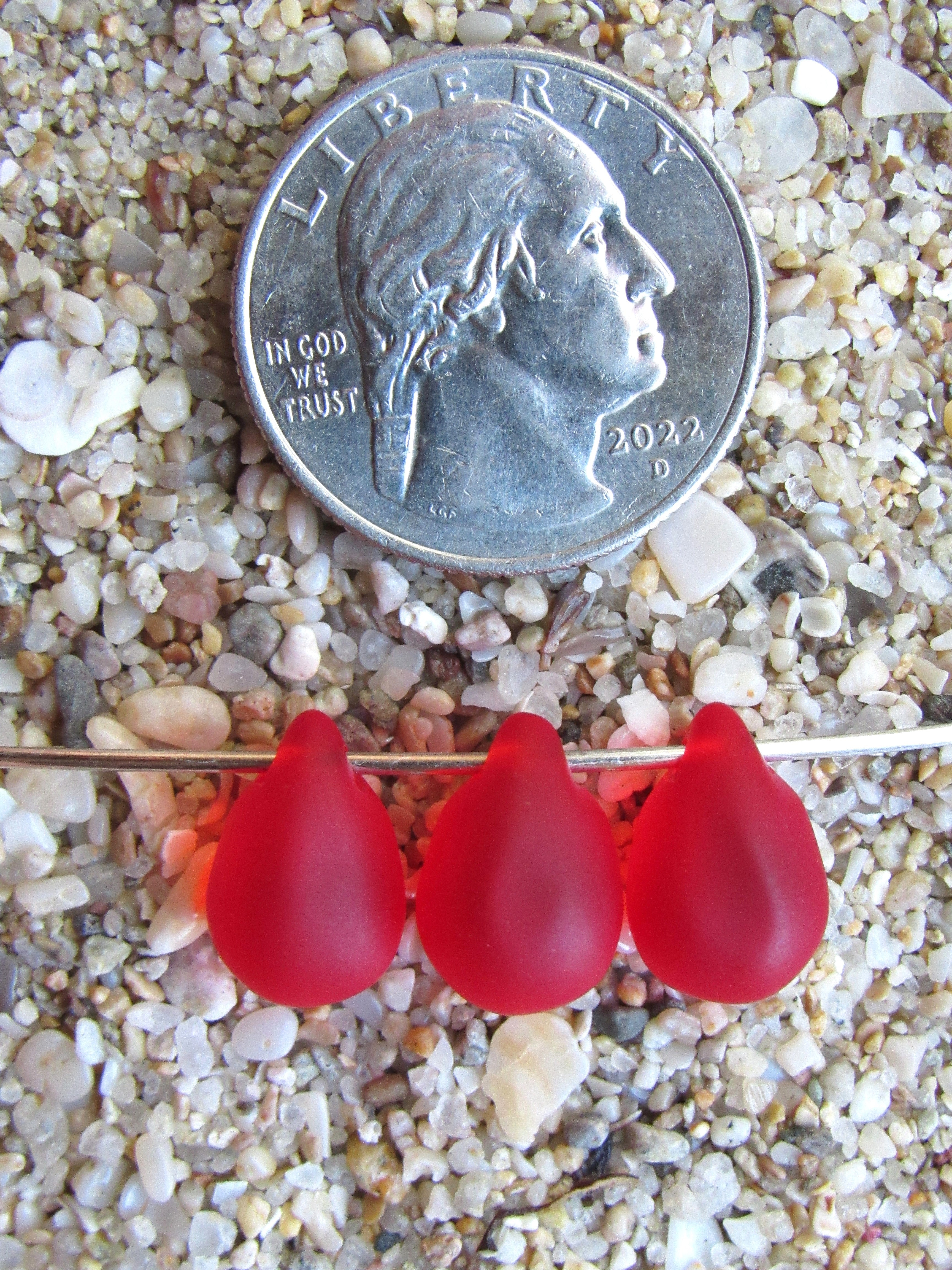 Cherry RED Cultured Sea Glass Teardrop Pendants — Frosted, 14x10mm, Tip-Drilled
