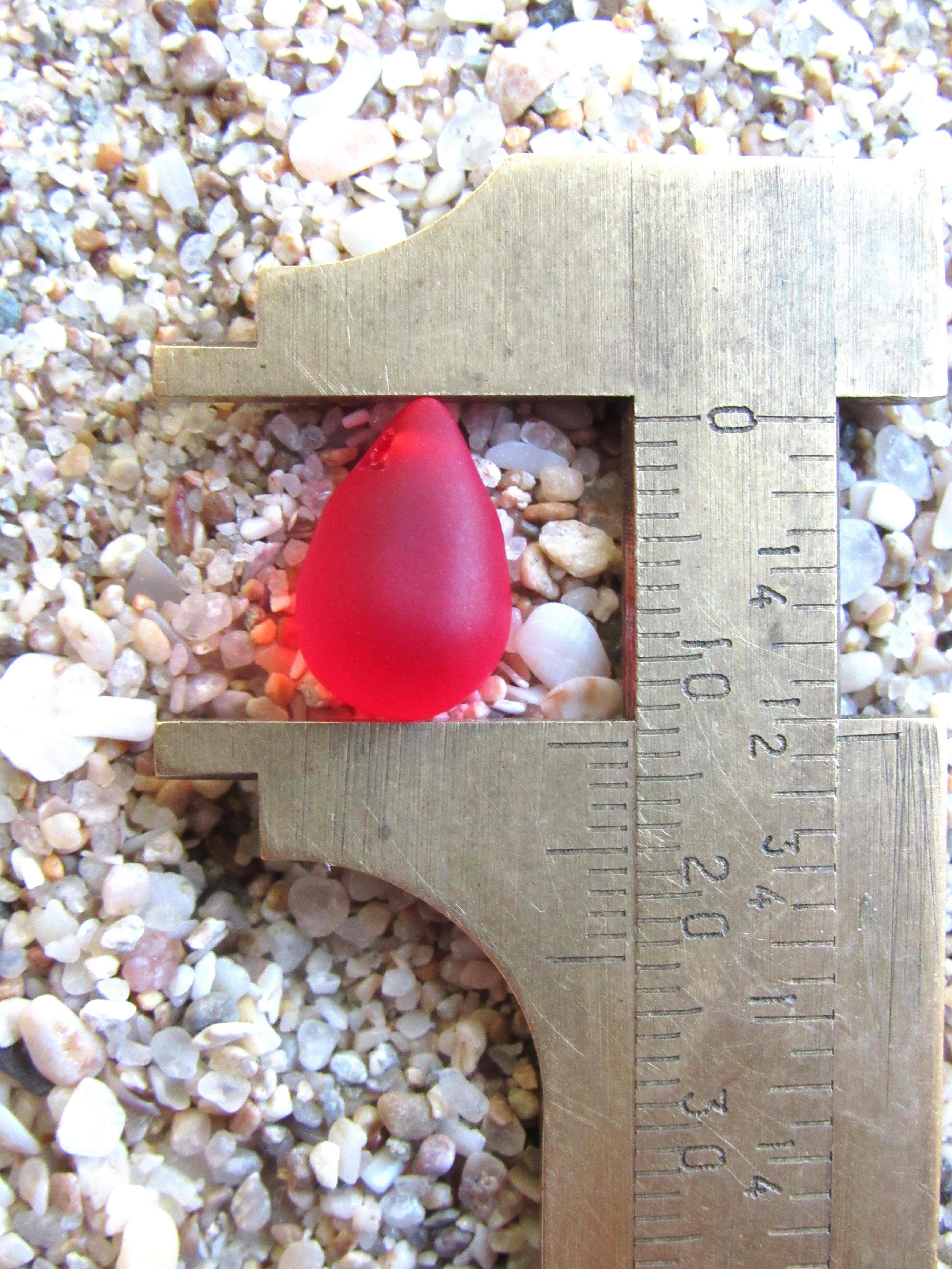 Cherry RED Cultured Sea Glass Teardrop Pendants — Frosted, 14x10mm, Tip-Drilled