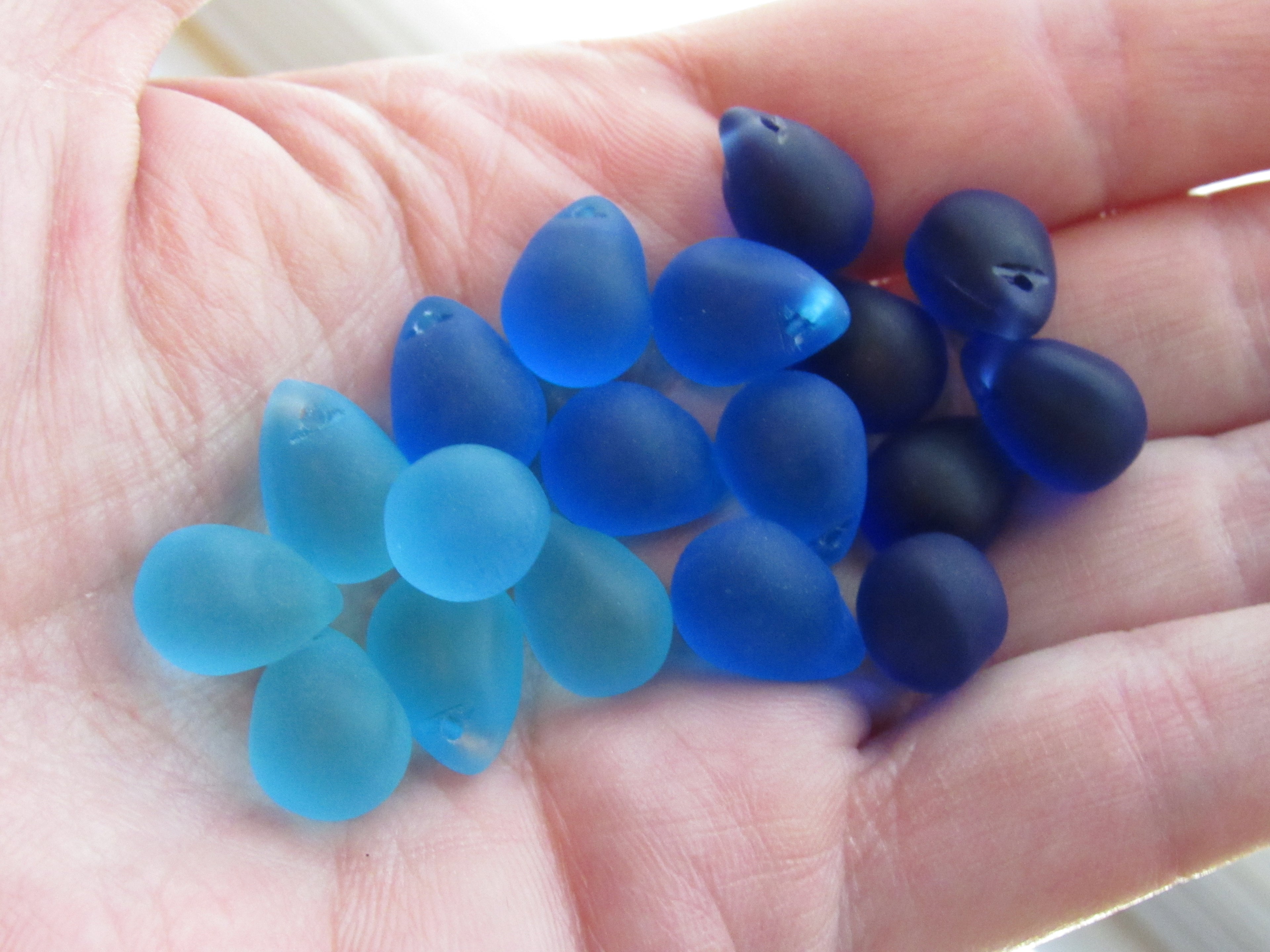 Cultured Sea Glass Teardrop Pendants — Aqua & Royal Blue Mix, Frosted, 14x10mm, Tip-Drilled