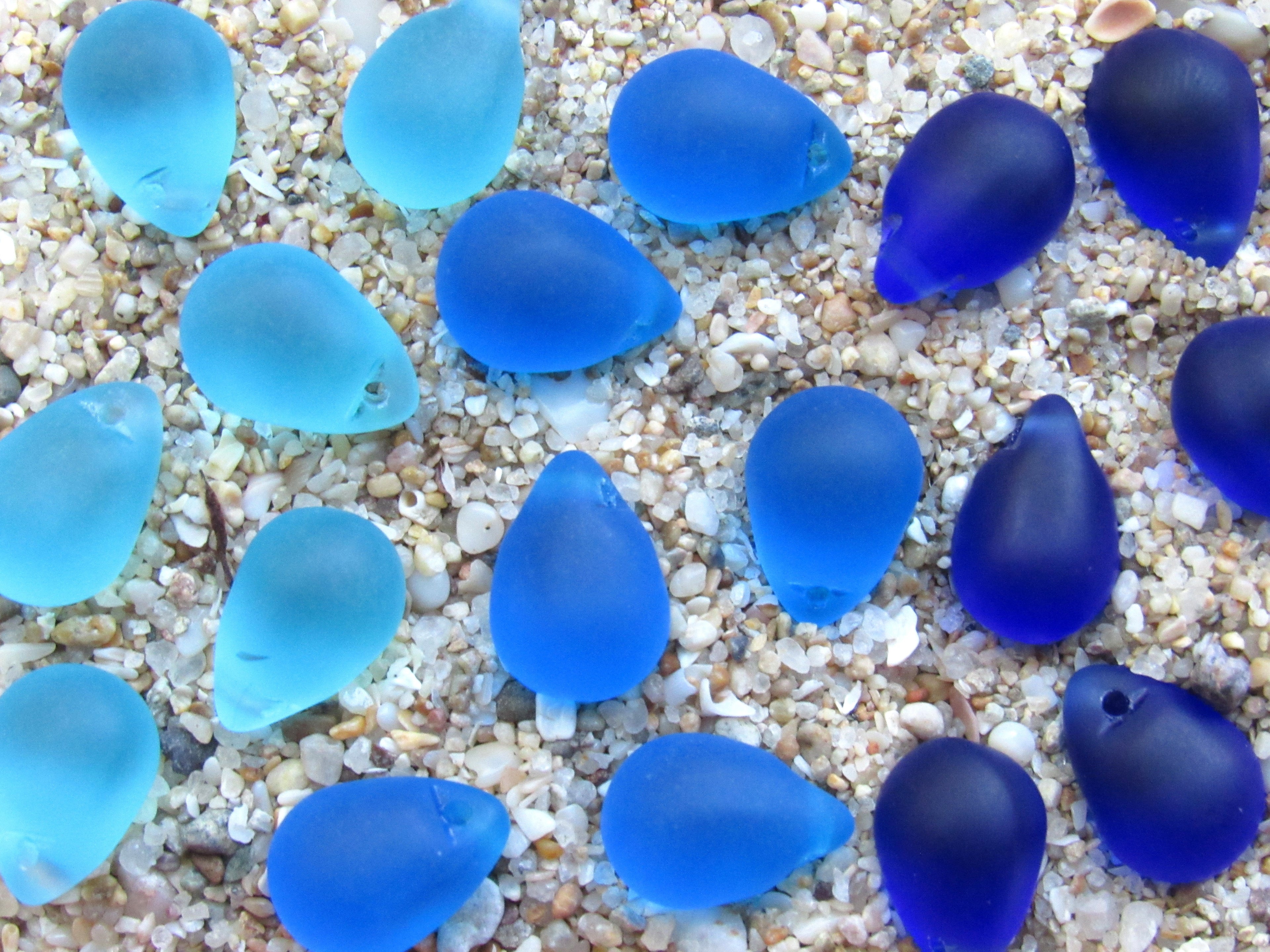 Cultured Sea Glass Teardrop Pendants — Aqua & Royal Blue Mix, Frosted, 14x10mm, Tip-Drilled