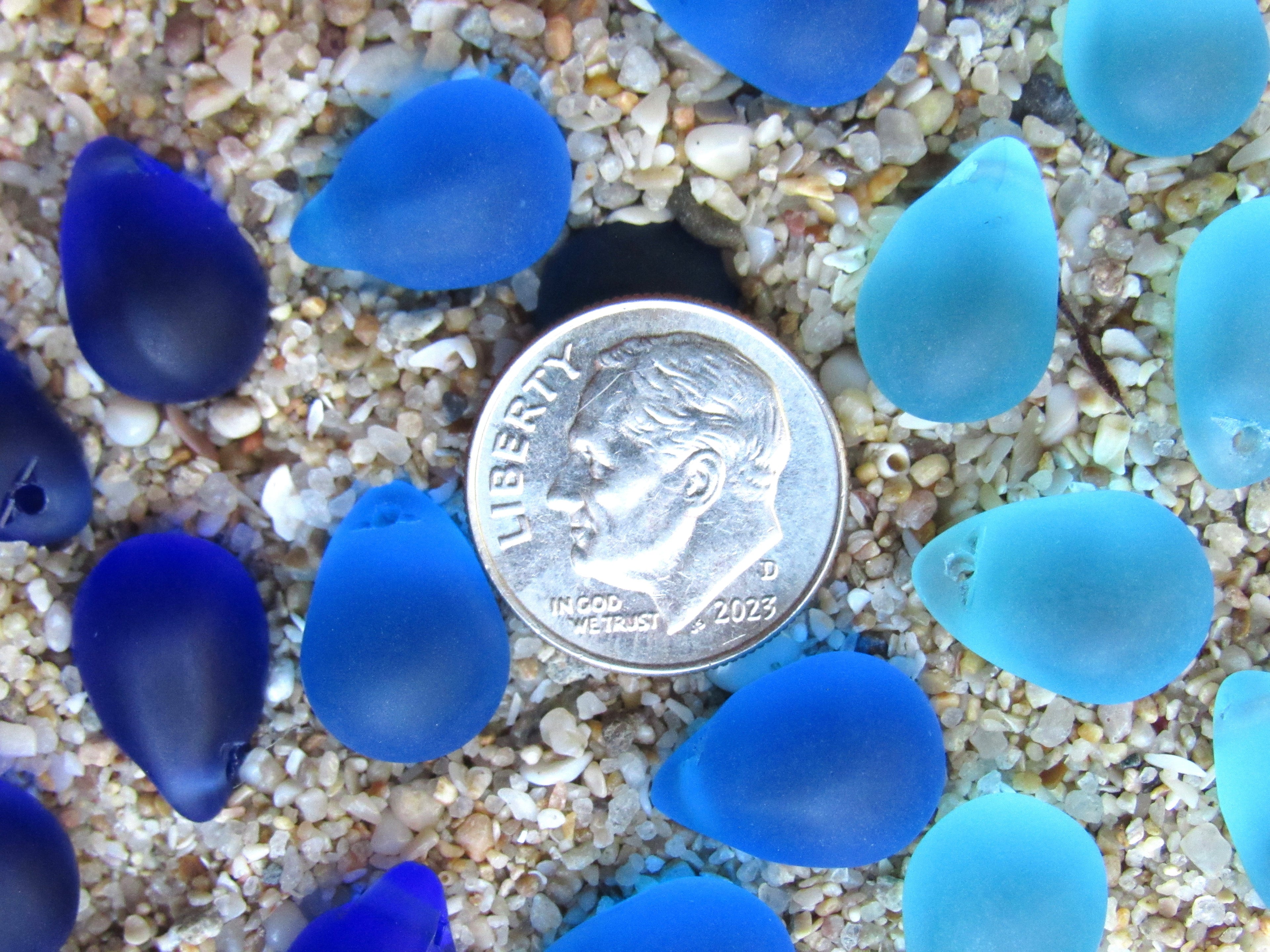 Cultured Sea Glass Teardrop Pendants — Aqua & Royal Blue Mix, Frosted, 14x10mm, Tip-Drilled