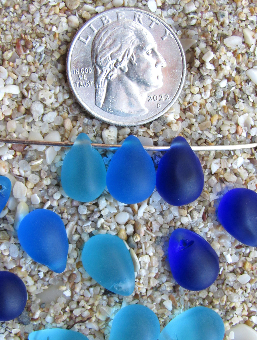 Cultured Sea Glass Teardrop Pendants — Aqua & Royal Blue Mix, Frosted, 14x10mm, Tip-Drilled