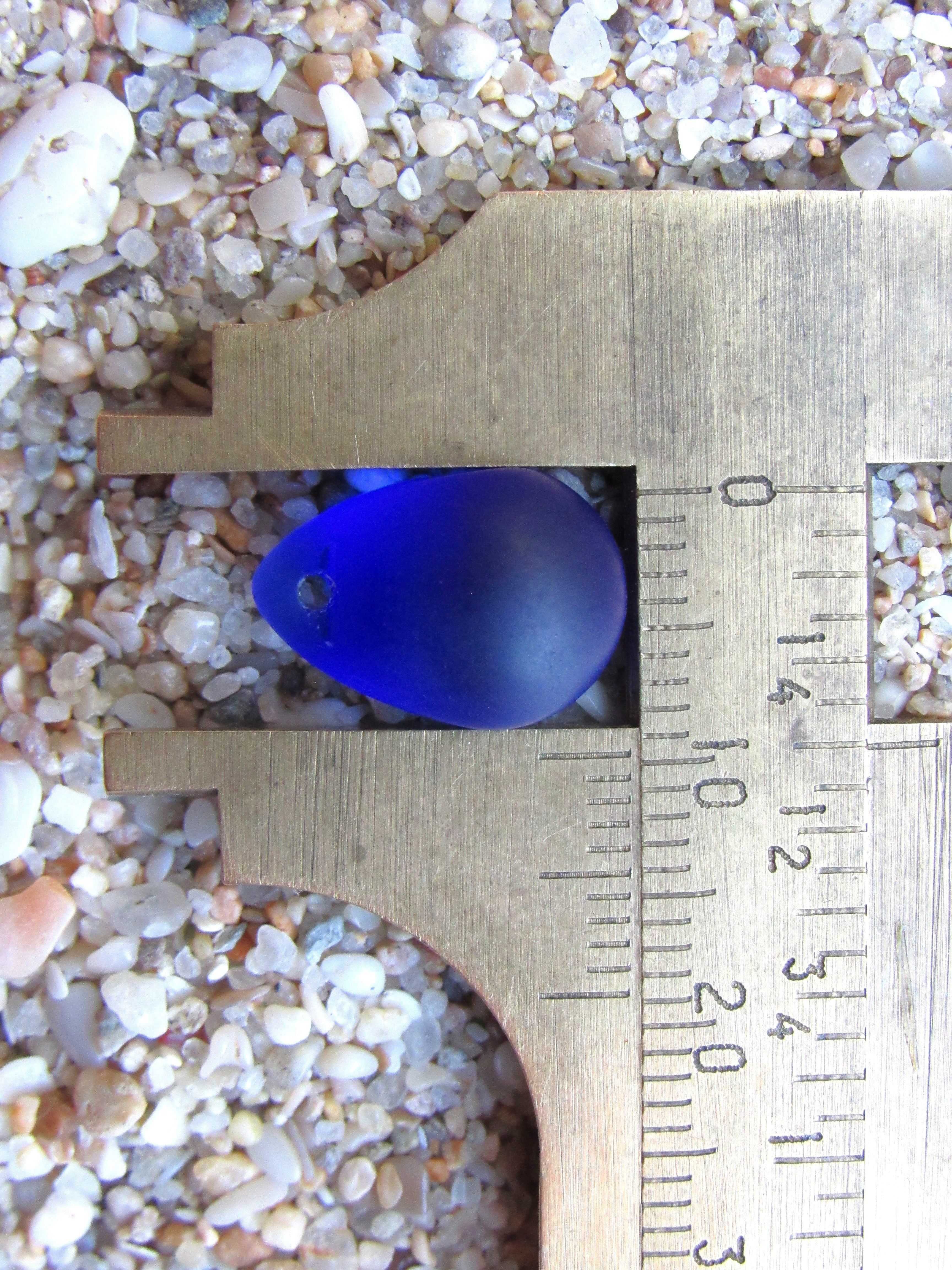 Cultured Sea Glass Teardrop Pendants — Aqua & Royal Blue Mix, Frosted, 14x10mm, Tip-Drilled