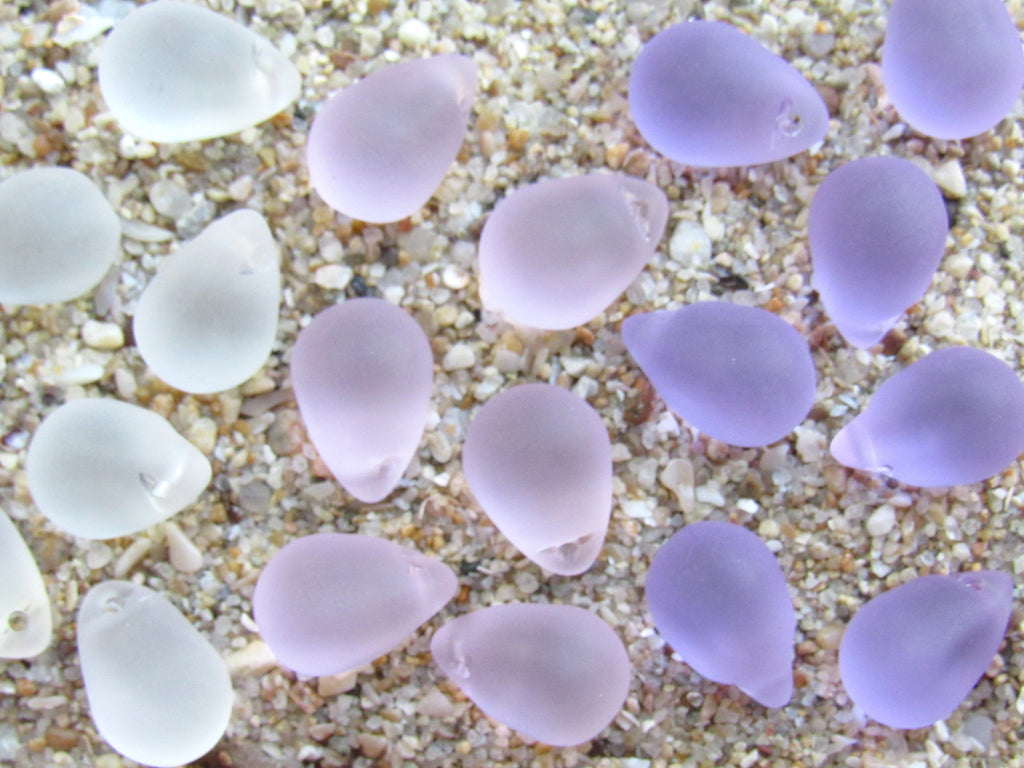 Cultured Sea Glass Teardrop Pendants — Light Pink Purple Mix, Frosted, 14x10mm, Tip-Drilled (Copy)