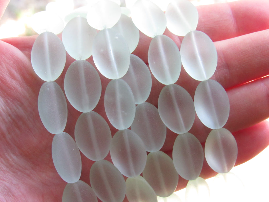 Light Aqua Cultured Sea Glass Beads — Frosted Cushion Oval, 18x13mm, 11 Beads/Strand