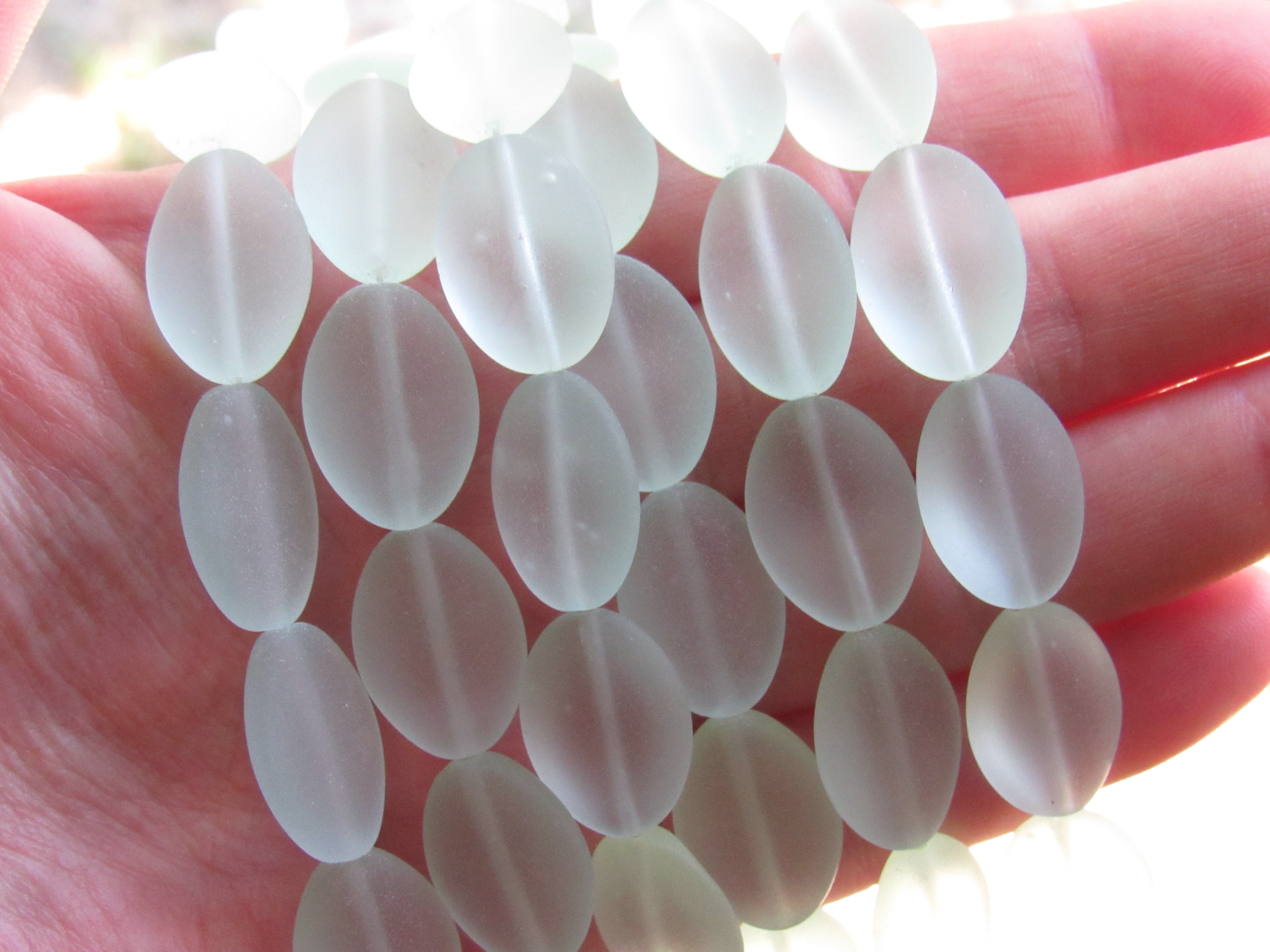 Light Aqua Cultured Sea Glass Beads — Frosted Cushion Oval, 18x13mm, 11 Beads/Strand
