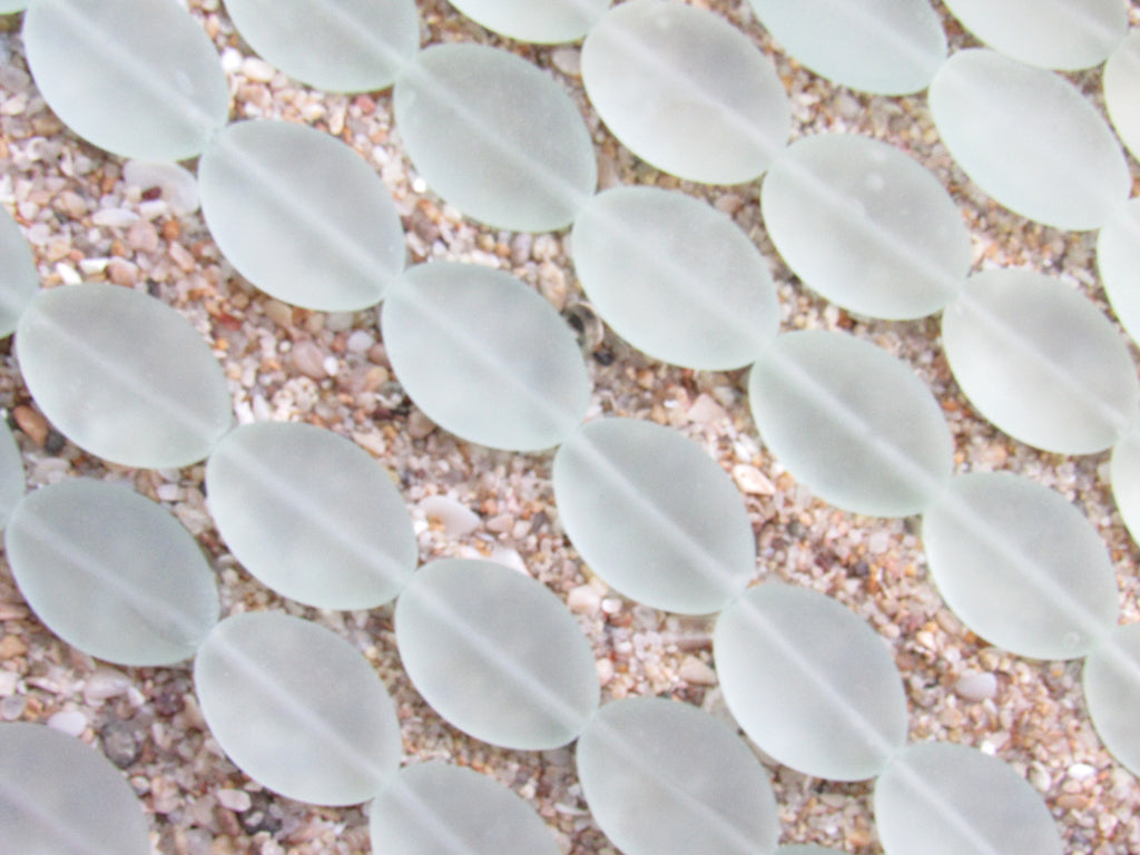 Light Aqua Cultured Sea Glass Beads — Frosted Cushion Oval, 18x13mm, 11 Beads/Strand