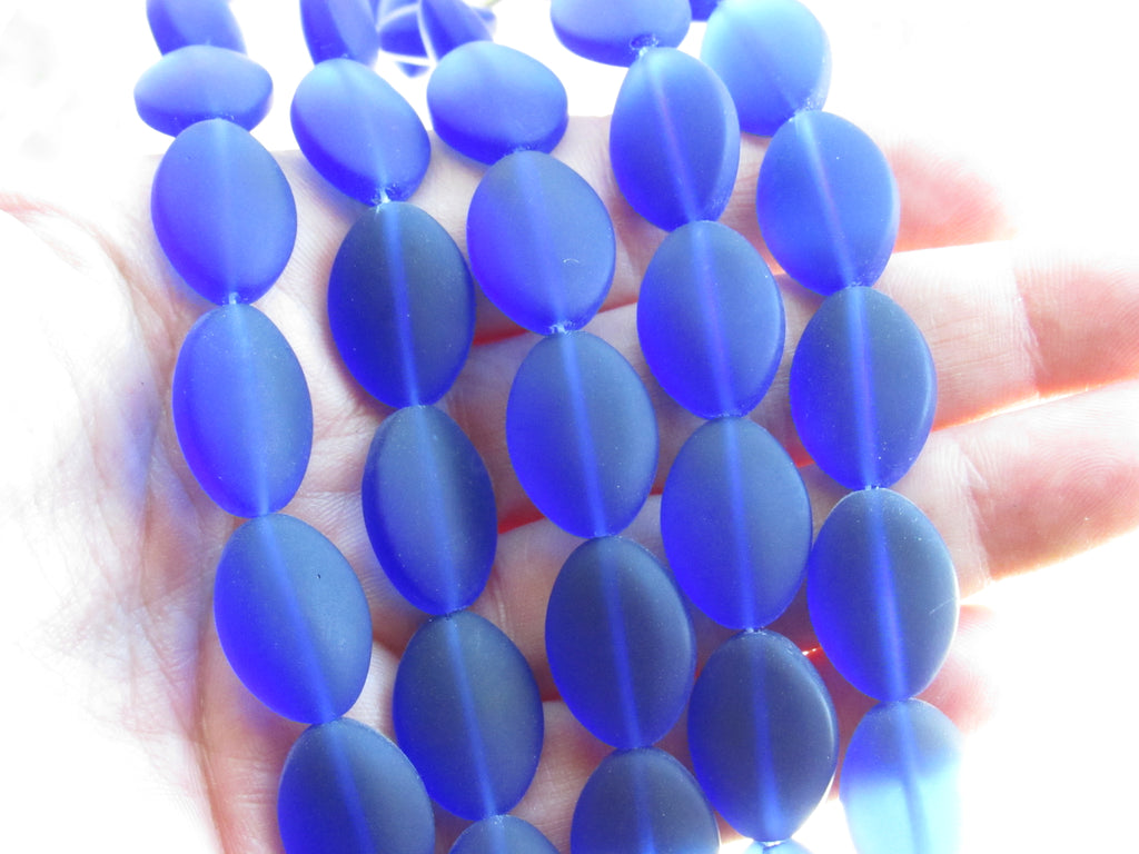 Cultured Sea Glass Beads — Royal Blue -  Frosted Cushion Oval, 18x13mm, 11 Beads/Strand (Copy)