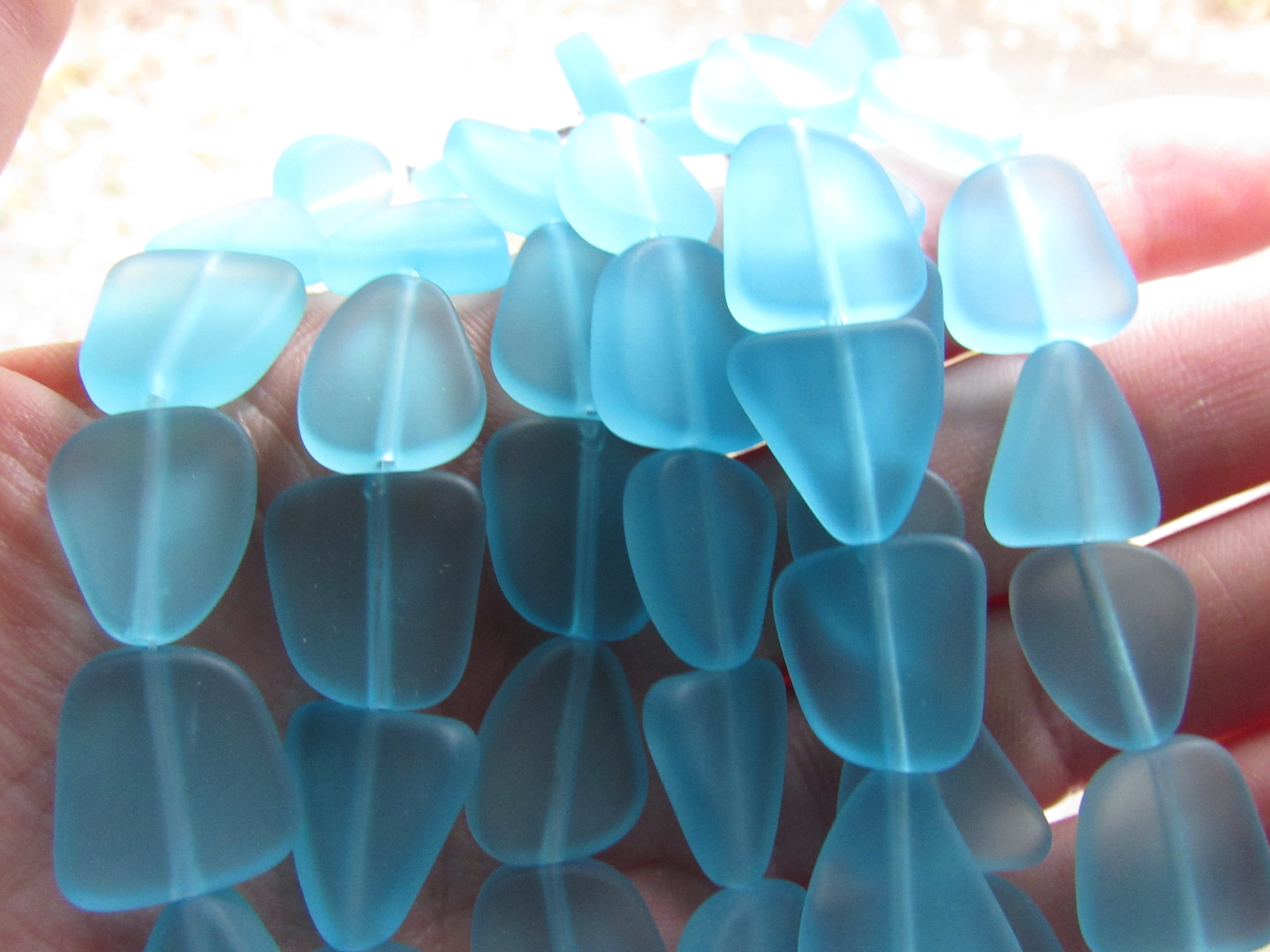 Cultured Sea Glass Beads - 15mm Freeform Flat Frosted - Turquoise Bay light aqua blue