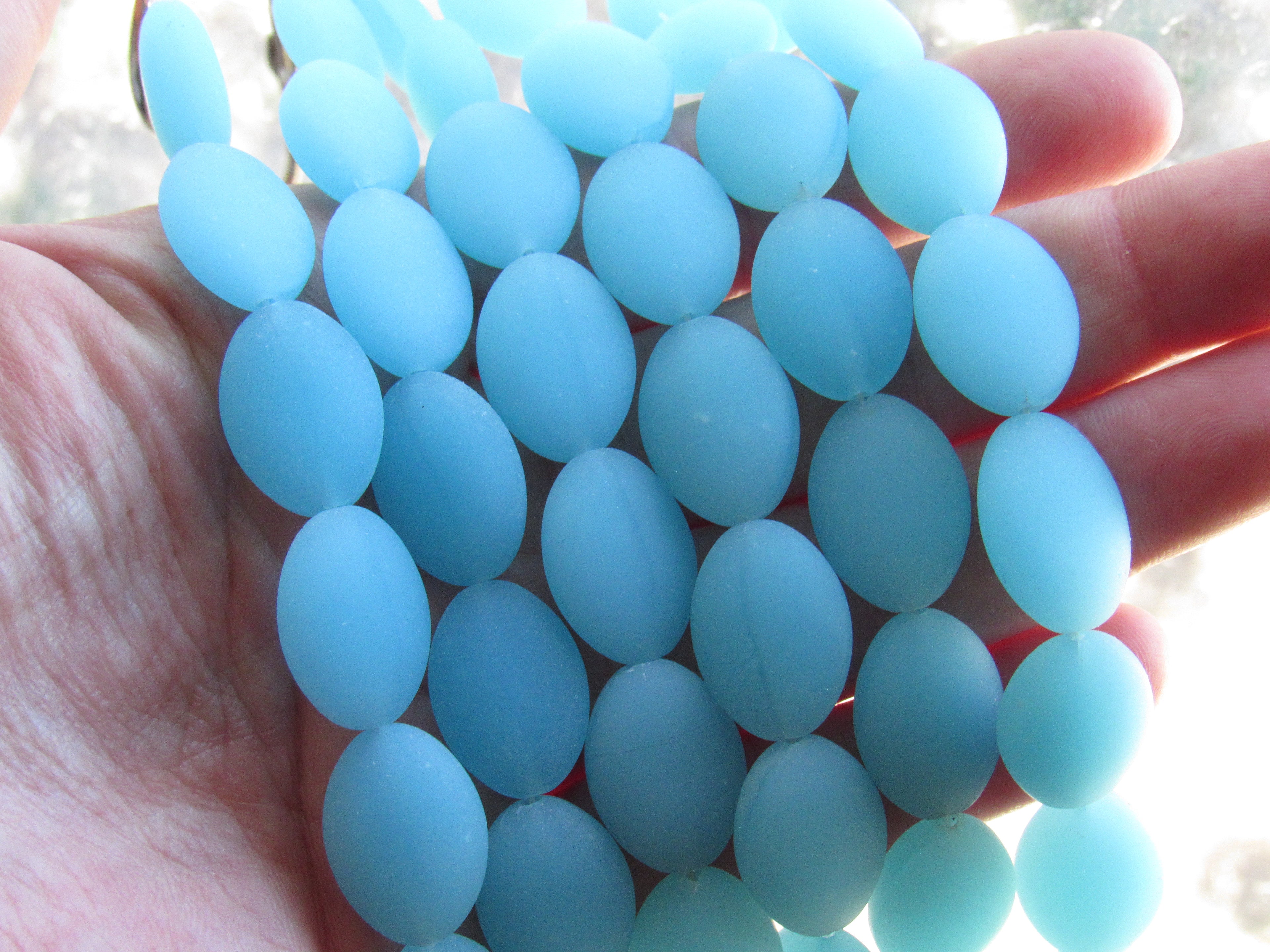 Cultured Sea Glass Beads — Opaque Blue Opal -  Frosted Cushion Oval, 18x13mm, 11 Beads/Strand