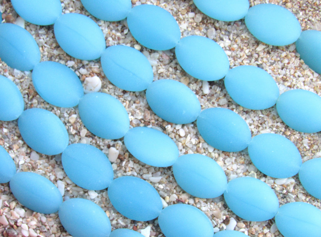 Cultured Sea Glass Beads — Opaque Blue Opal -  Frosted Cushion Oval, 18x13mm, 11 Beads/Strand