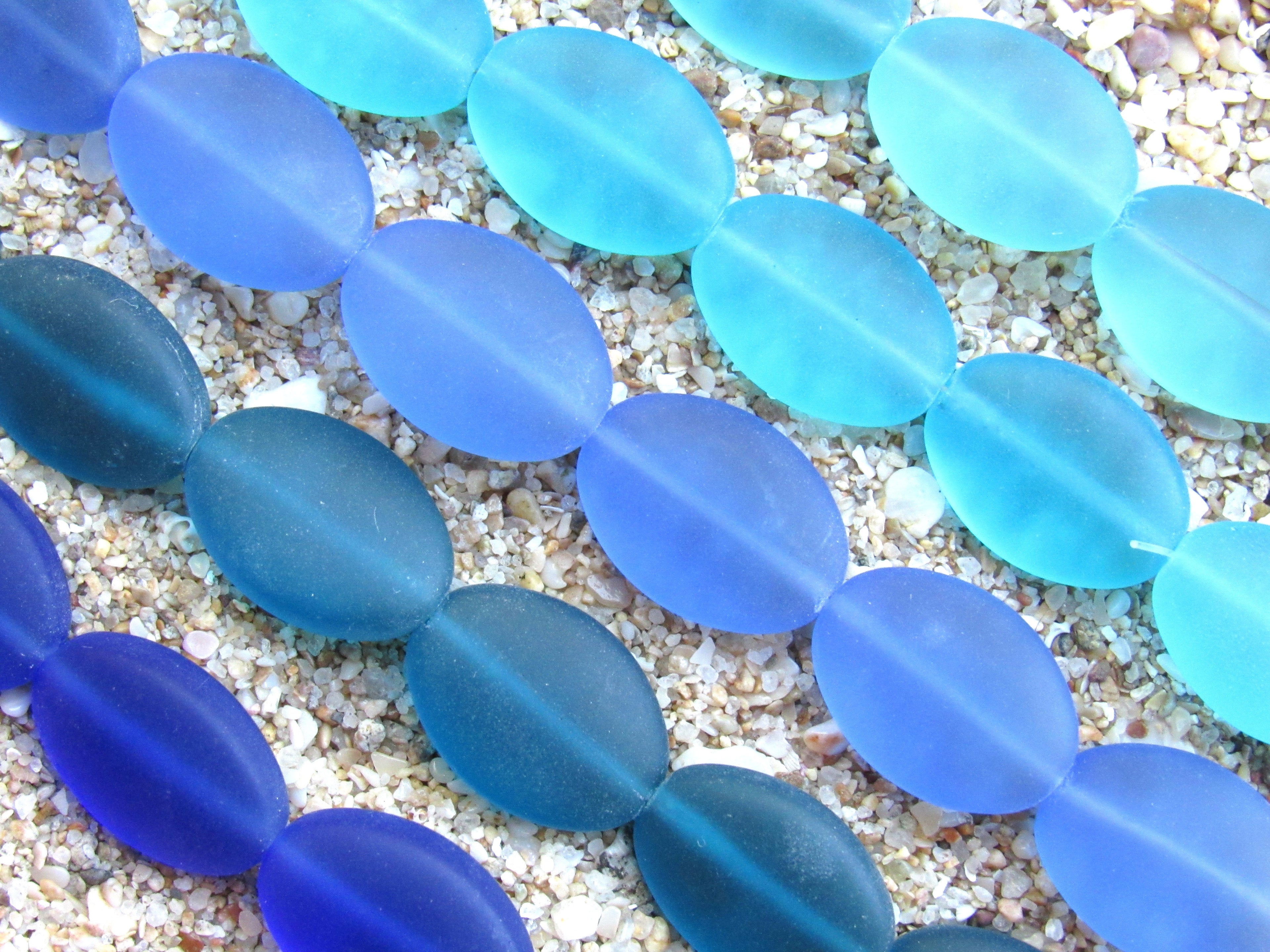 Cultured Sea Glass Cushion Oval Beads - 18x13mm - Assorted Dark Blue - 5 colors