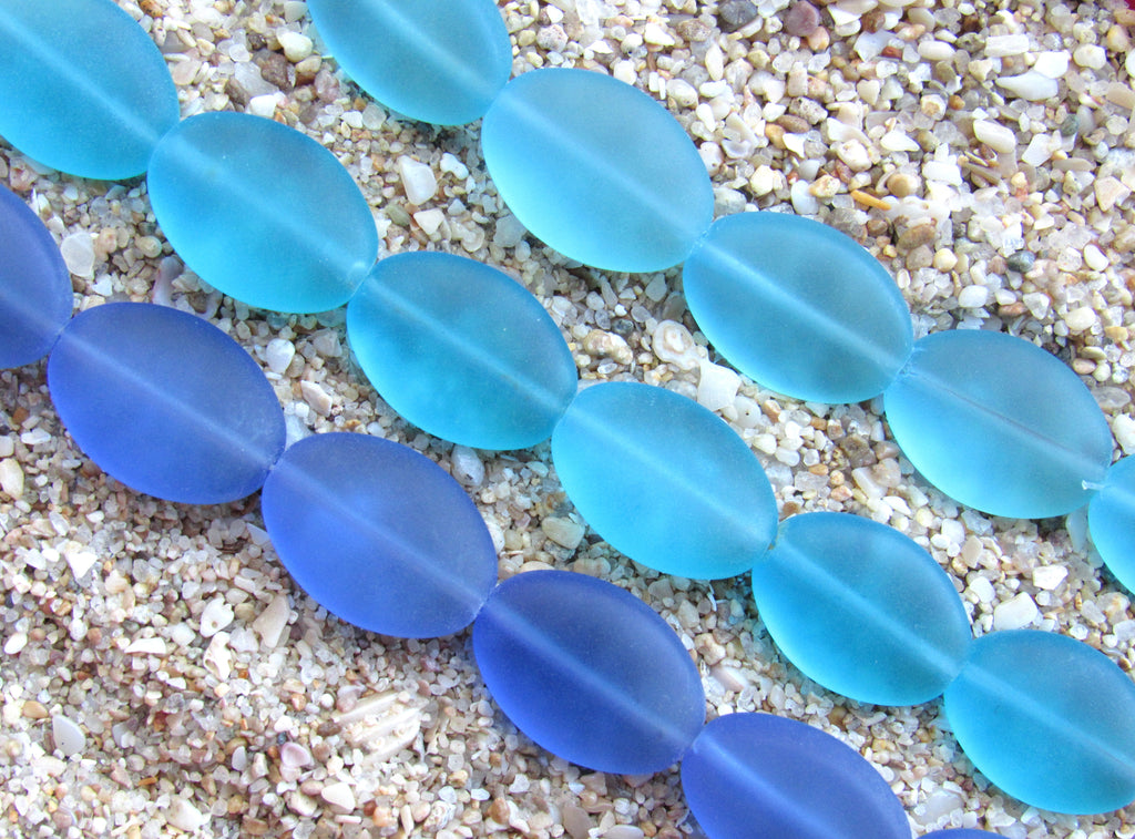 Cultured Sea Glass Cushion Oval Beads - 18x13mm - Assorted Dark Blue - 3 colors