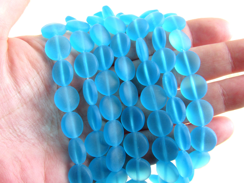 Cultured Sea Glass Puffed Coin Beads - 12mm - Light Aqua Blue - 8" Strands for making jewelry