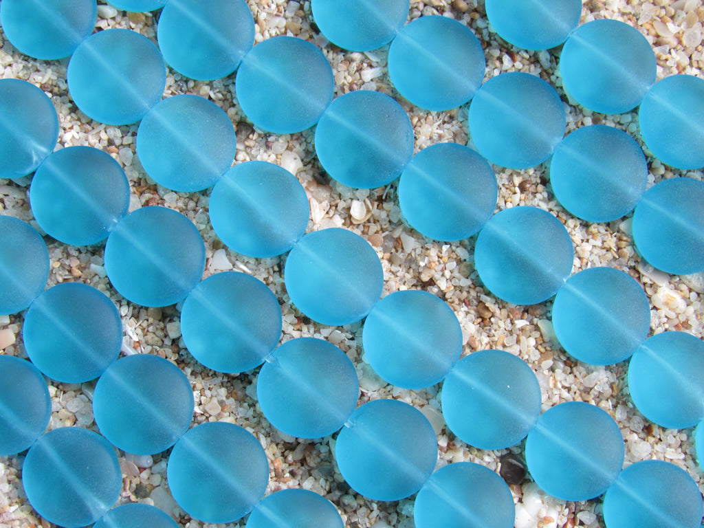 Cultured Sea Glass Puffed Coin Beads - 12mm - Light Aqua Blue - 8" Strands for making jewelry