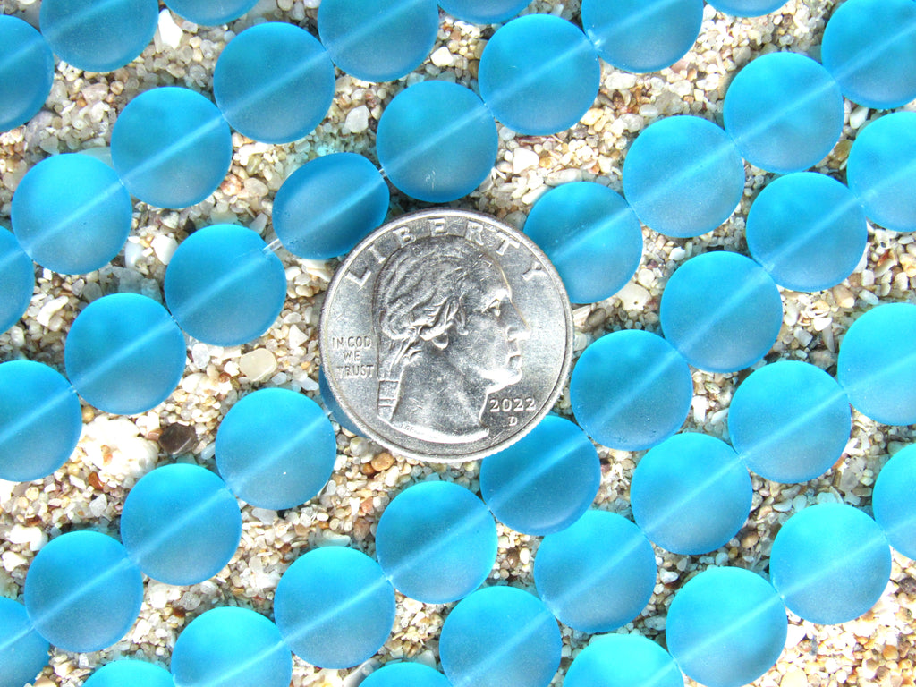 Cultured Sea Glass Puffed Coin Beads - 12mm - Light Aqua Blue - 8" Strands for making jewelry