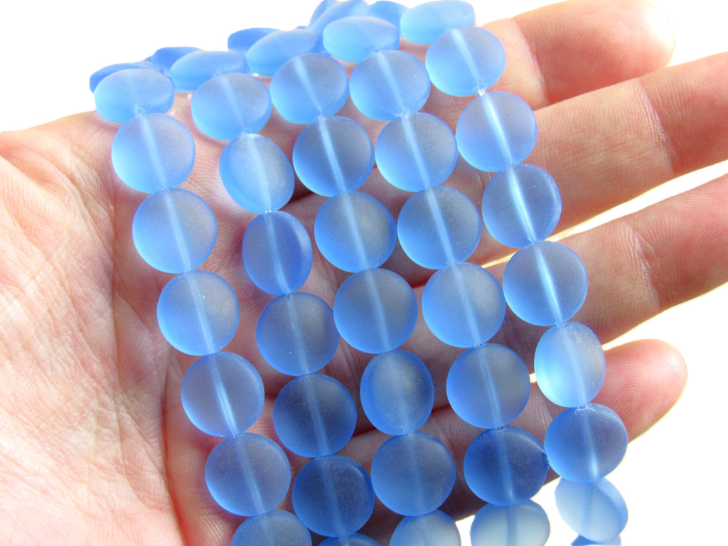Cultured Sea Glass Puffed Coin Beads - 12mm - Light Sapphire Blue - 8" Strands