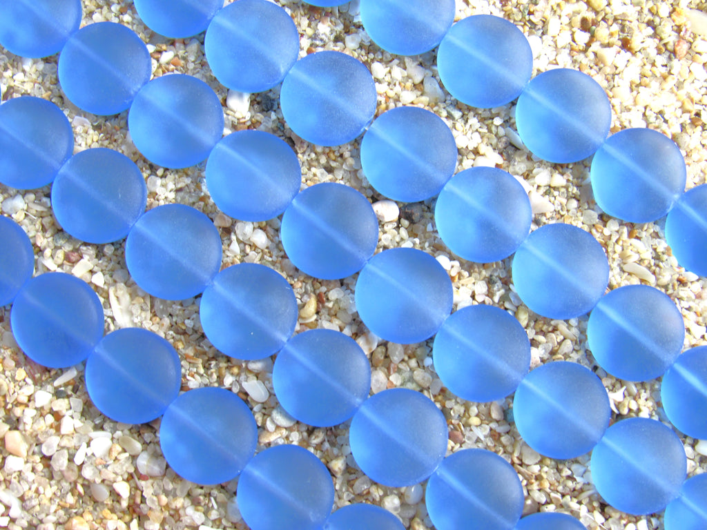 Cultured Sea Glass Puffed Coin Beads - 12mm - Light Sapphire Blue - 8" Strands