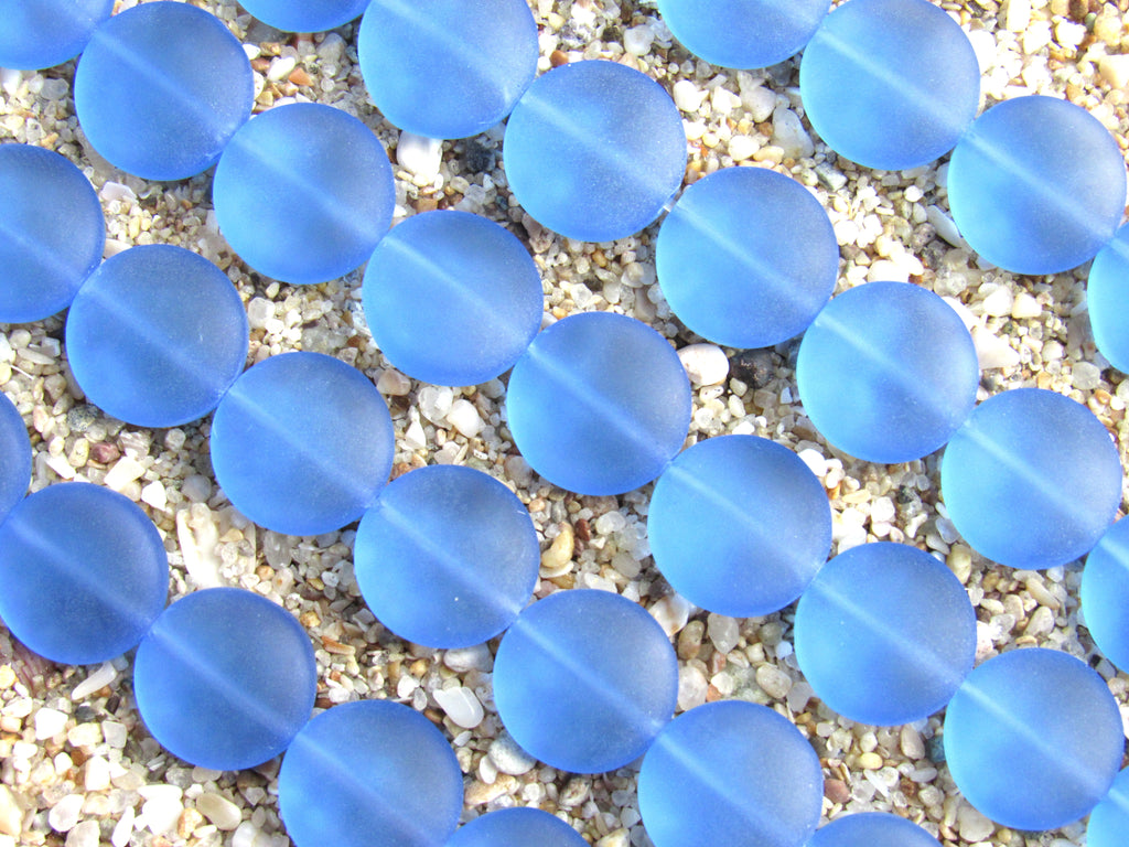 Cultured Sea Glass Puffed Coin Beads - 12mm - Light Sapphire Blue - 8" Strands