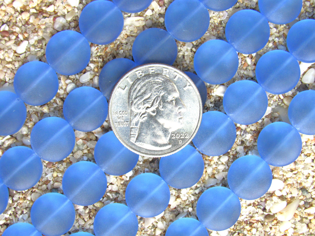 Cultured Sea Glass Puffed Coin Beads - 12mm - Light Sapphire Blue - 8" Strands