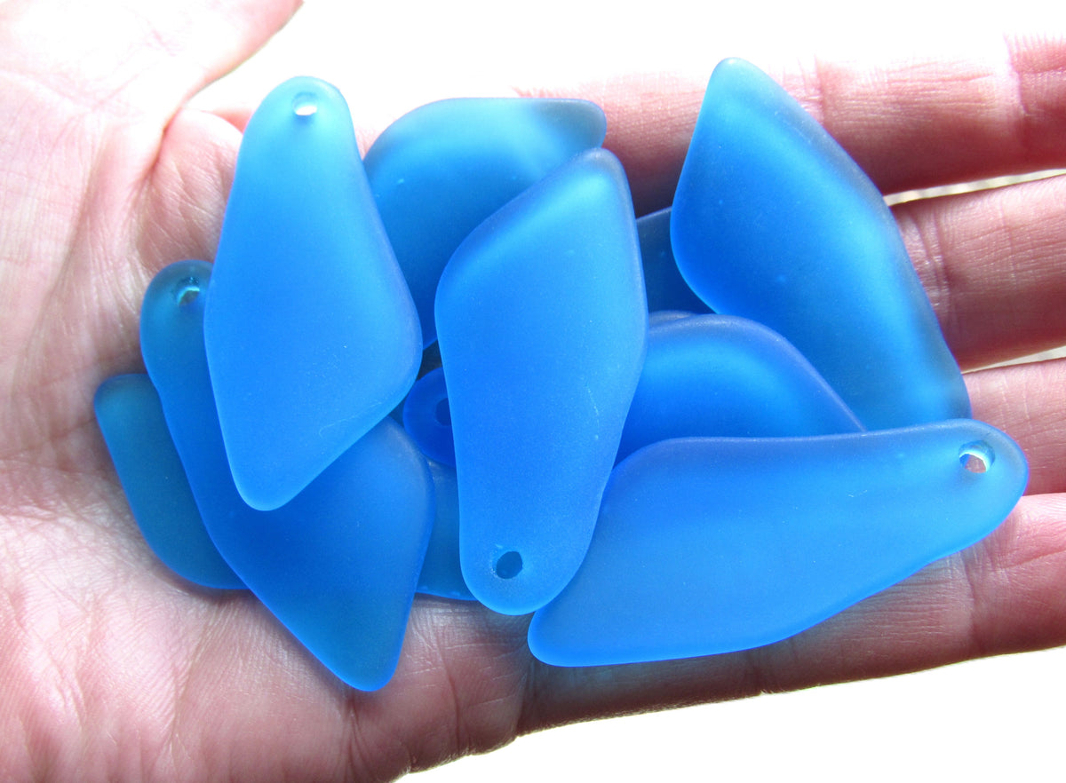 Cultured Sea Glass Shard Pendants - 48x22mm - Pacific Aqua Blue - Top Drilled - 7 Pendants