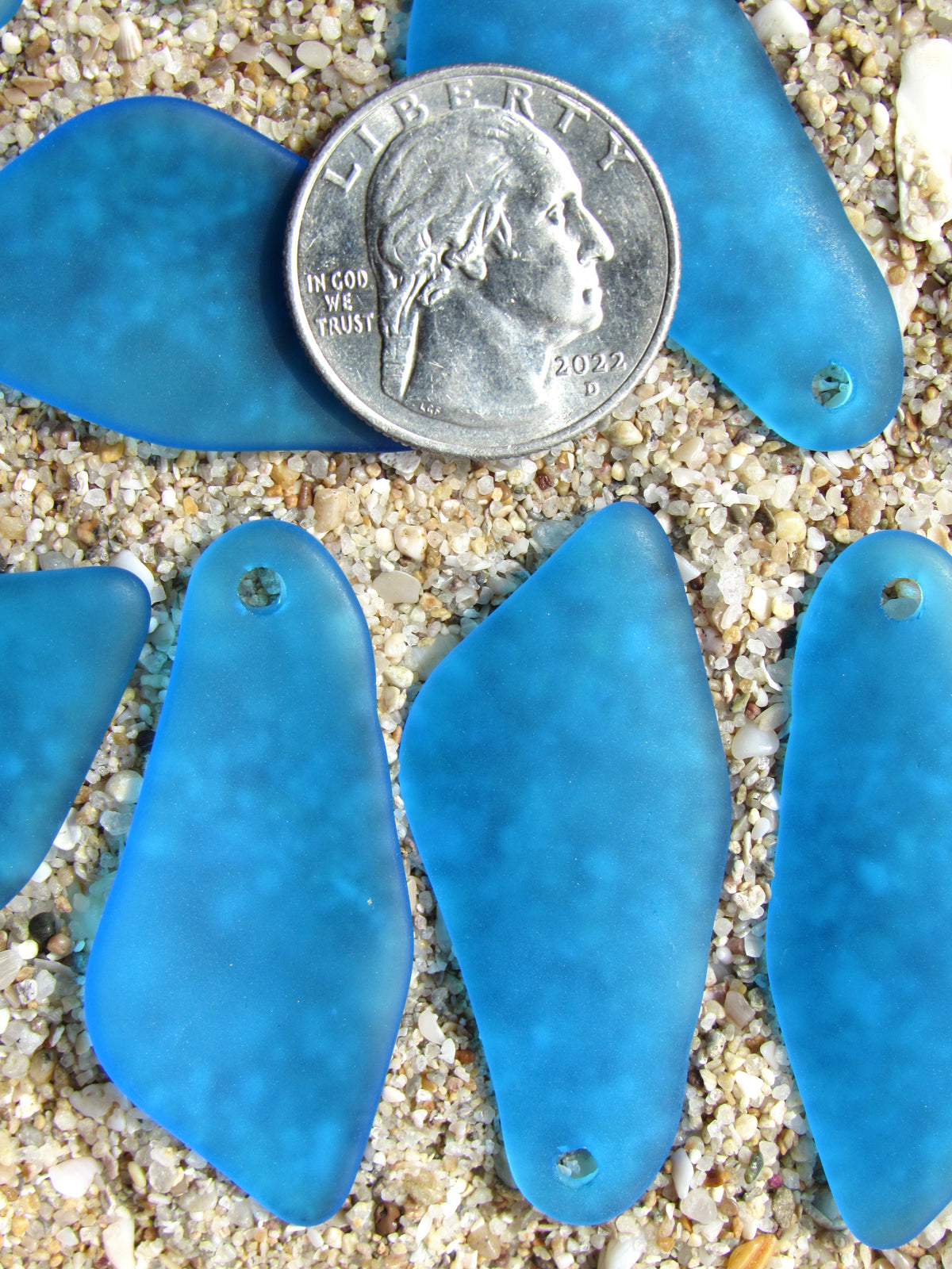 Cultured Sea Glass Shard Pendants - 48x22mm - Pacific Aqua Blue - Top Drilled - 7 Pendants