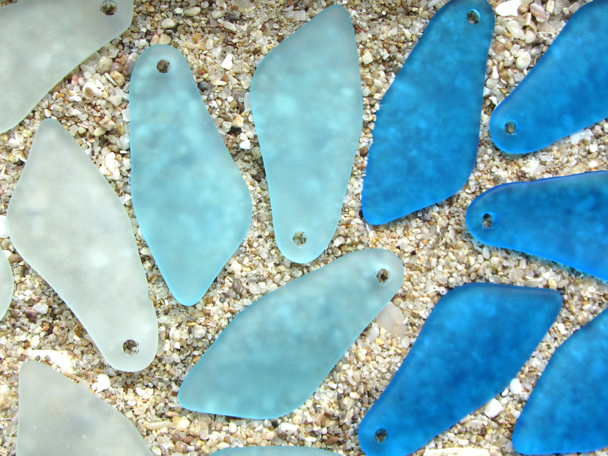 Cultured Sea Glass Shard Pendants - 48x22mm - Blue Mix - Top Drilled - 10 or 20 Pendants