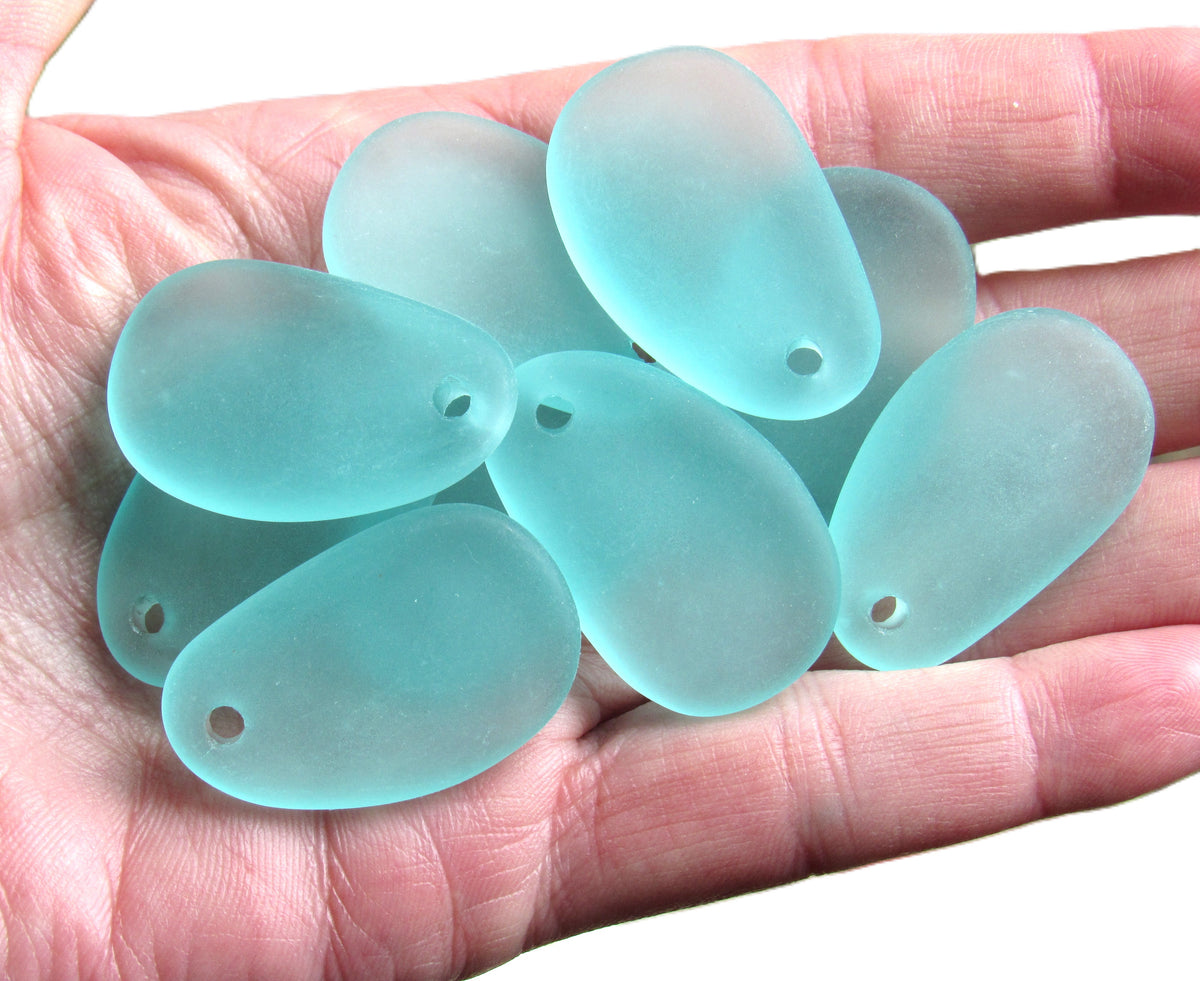 Autumn Green Seafoam Cultured Sea Glass Pendants, 33 × 20mm Oval Teardrop, 3mm Hole