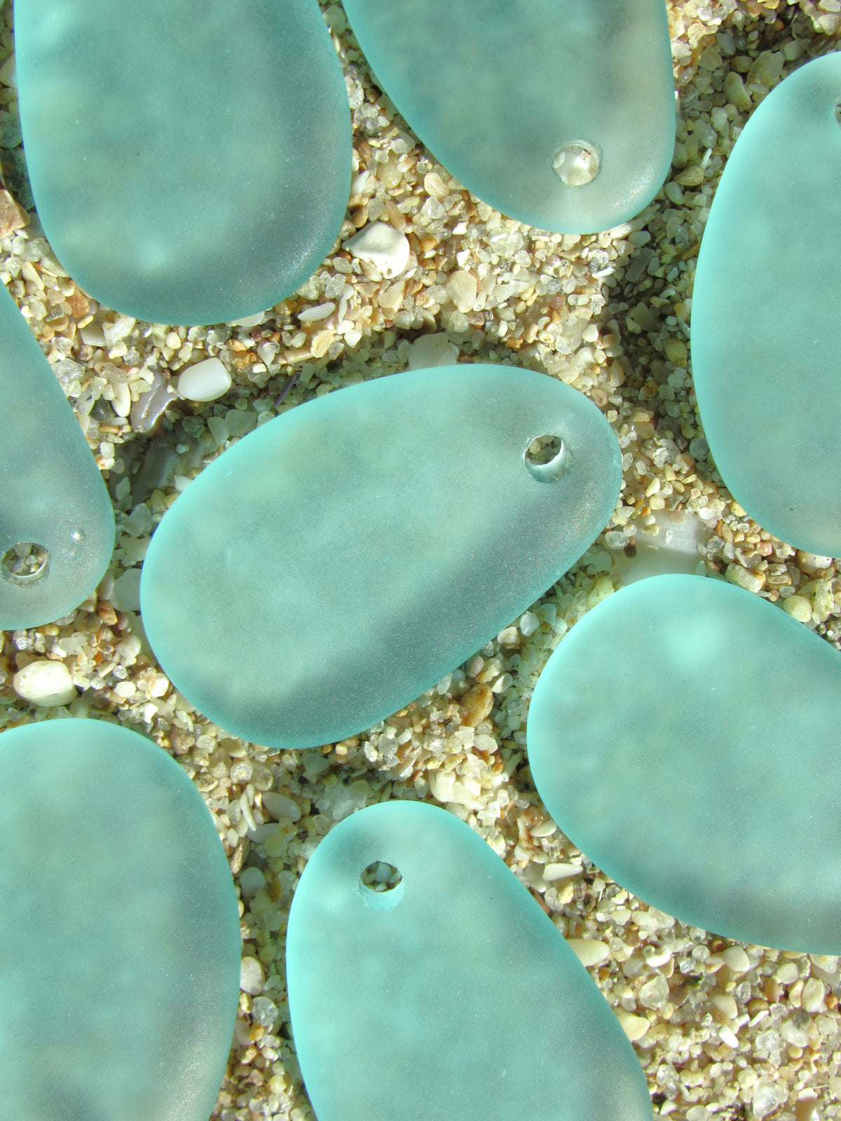 Autumn Green Seafoam Cultured Sea Glass Pendants, 33 × 20mm Oval Teardrop, 3mm Hole
