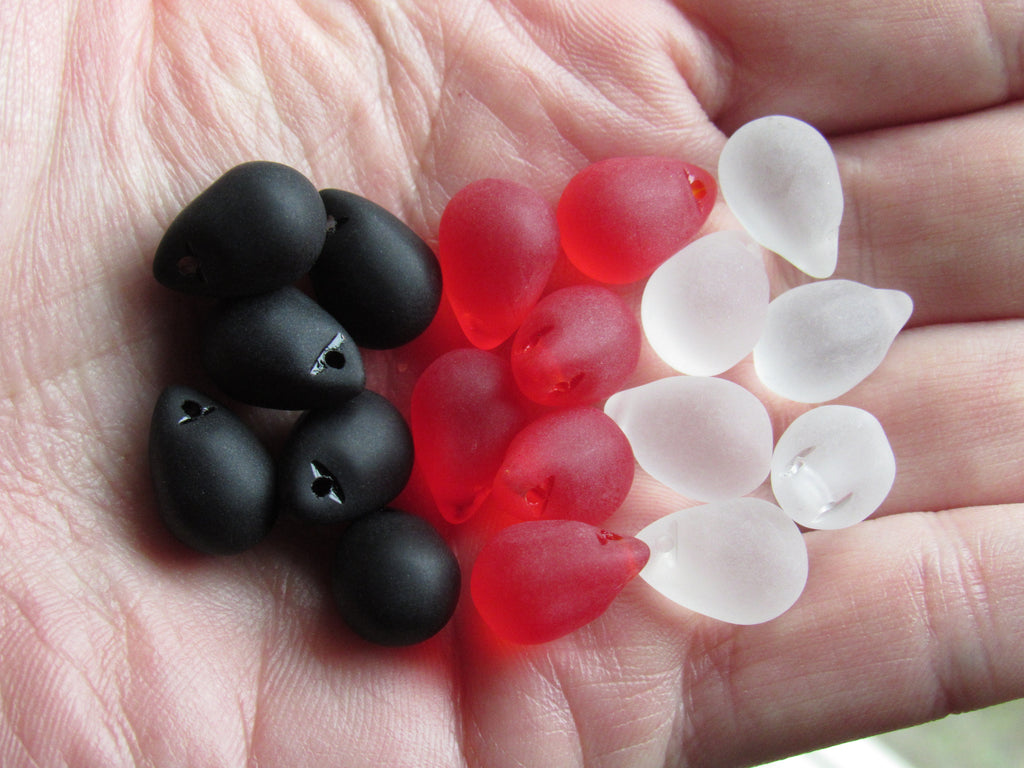Cultured Sea Glass Teardrop Pendants — Opaque Black Cherry Red Clear, Frosted, 14x10mm, Tip-Drilled