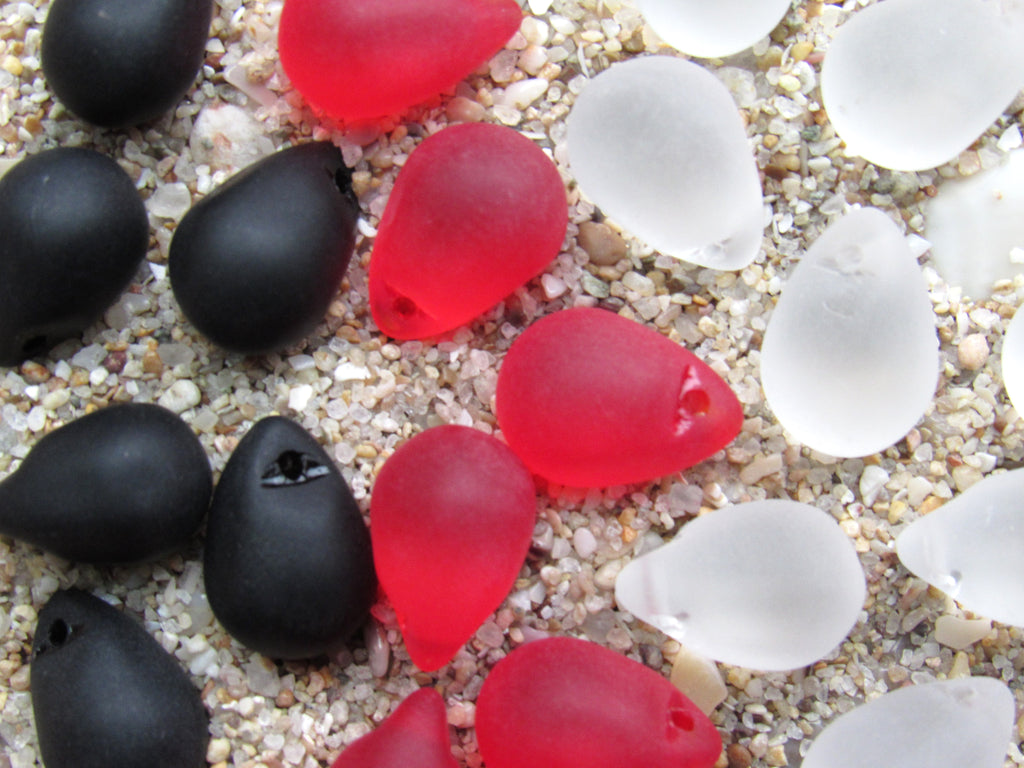 Cultured Sea Glass Teardrop Pendants — Opaque Black Cherry Red Clear, Frosted, 14x10mm, Tip-Drilled