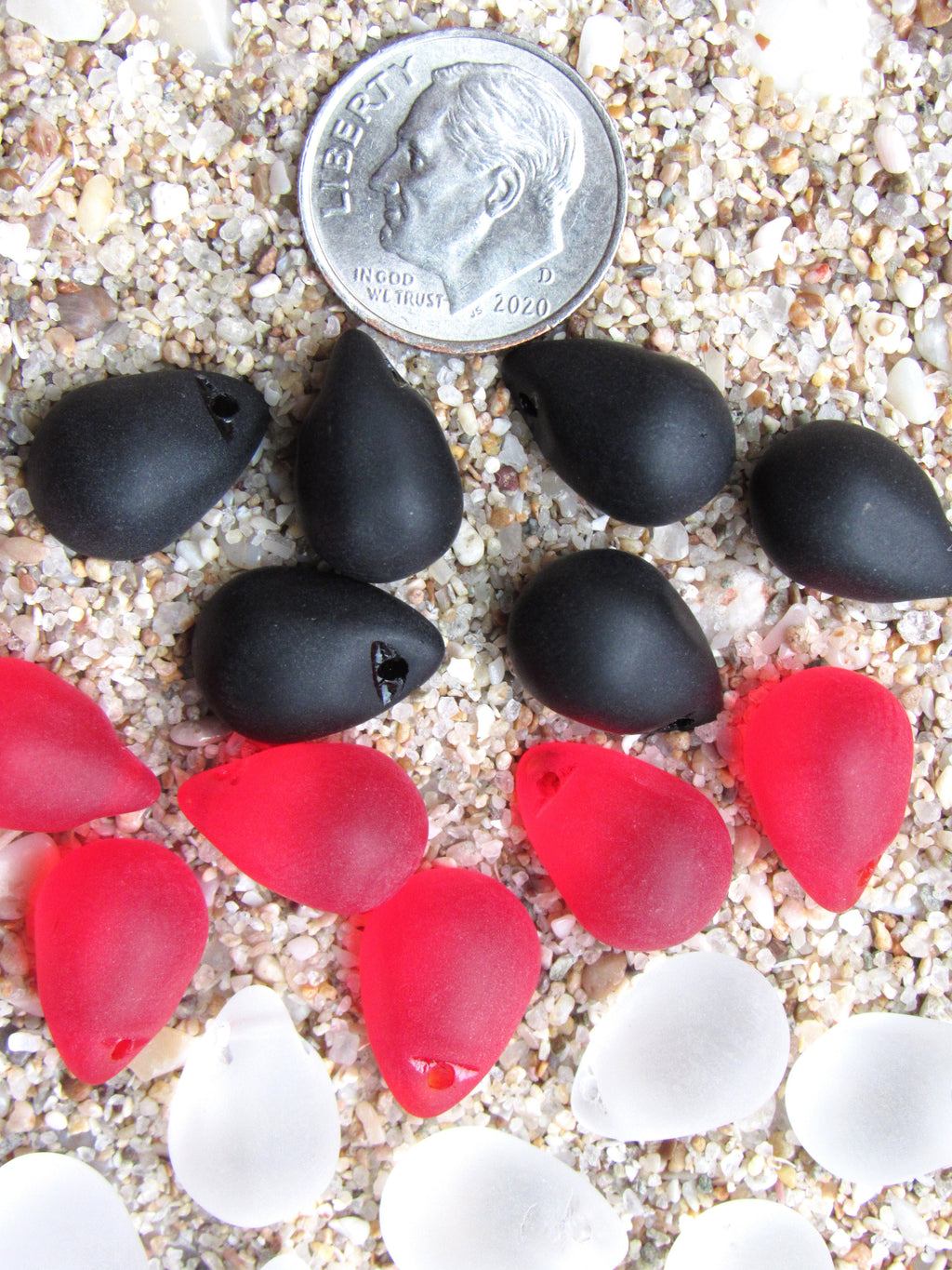 Cultured Sea Glass Teardrop Pendants — Opaque Black Cherry Red Clear, Frosted, 14x10mm, Tip-Drilled