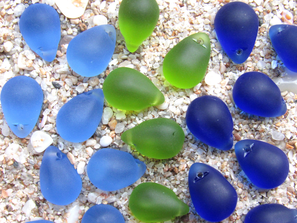 Cultured Sea Glass Teardrop Pendants — Dark Blue Green, Frosted, 14x10mm, Tip-Drilled Beads